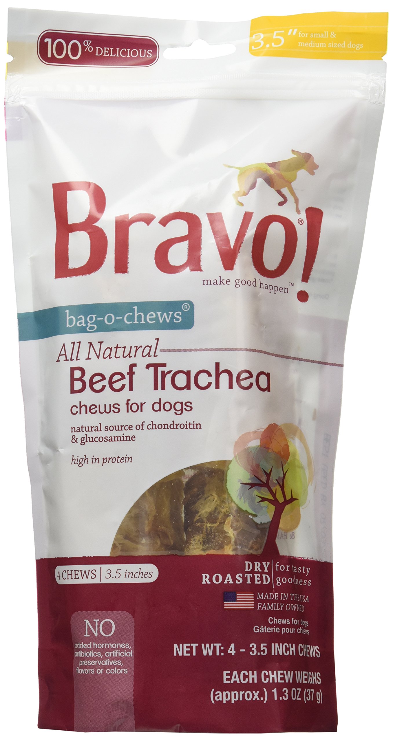 Bravo!Beef Trachea Dog Chews, 3.5 Inch (4 Count) for Small and Medium Breed Dogs, Dry Roasted, High Protein, Natural Source of Chondroitin and Glucosamine
