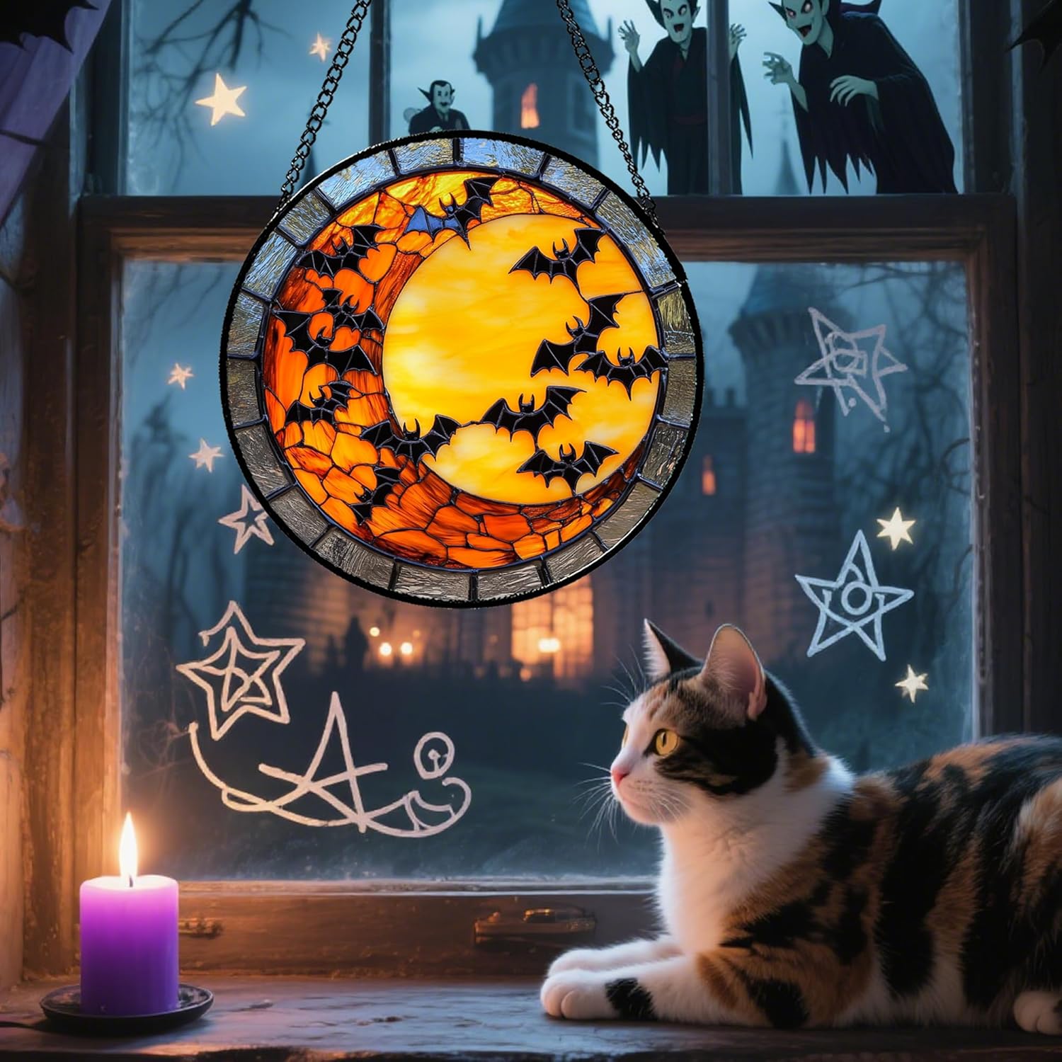 Stained Glass Window Hanging Halloween Yellow Moon Horror Black Bats 7.8" - Gothic Home Decor Suncatcher Door Sun Catcher Birthday Christmas Fear Gifts for Mom Men Woman Nana Friend - Image 2