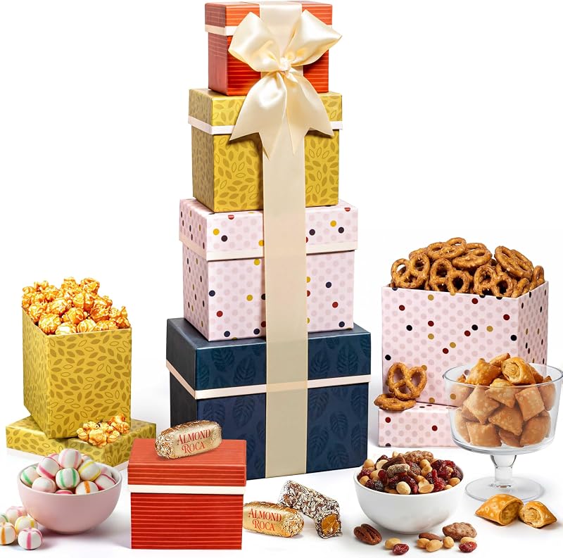 Broadway Basketeers Elegant Gift Basket Tower Cookies Popcorn & Sweets | Large sweet and savory snack tower for families, friends, groups, offices, and all occasion food gifts.
