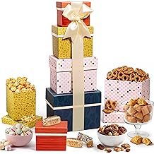 Broadway Basketeers Tower Snack Gift Basket &ndash; Gourmet Basket Gifts for Family, Friends &amp; Groups &ndash; Sweet &amp; Savory Large Gift Basket with Cookies, Popcorn &amp; Candies &ndash; Perfect All Occasion Food Gifts