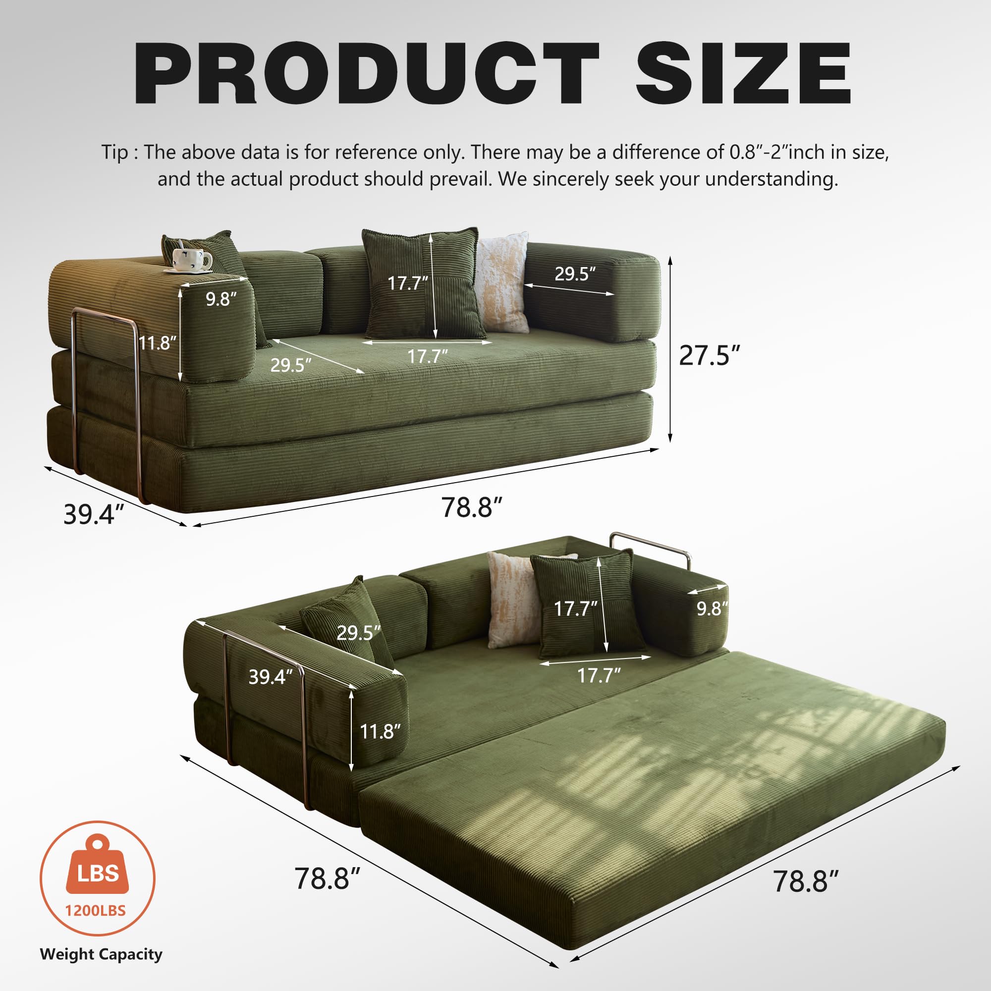 78.8" Convertible Sofa Bed - Compression Sofa with Corduroy Fabric - with Armrests and Backrest - Modular Sectional for Living Room, Bedroom, Studio - Compression Sofa in Box (Grey): 78.8IN Green
