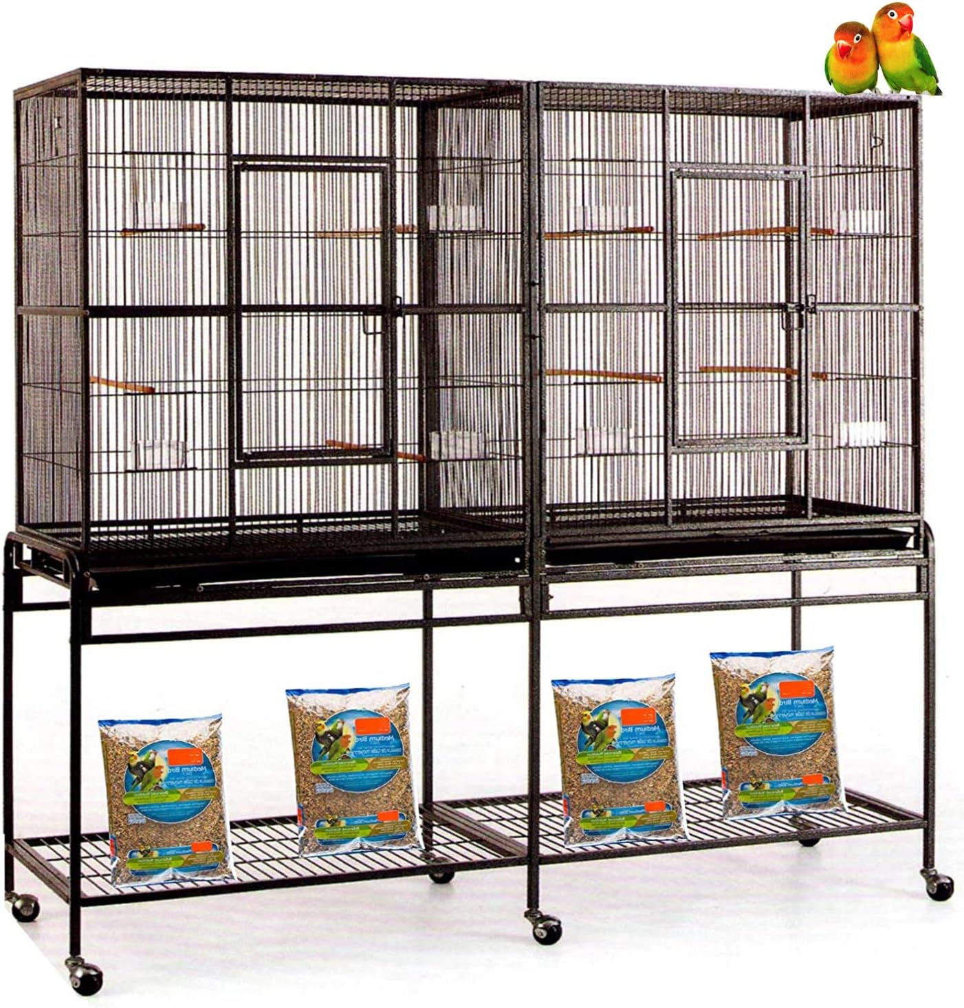 Extra Large Wrought Iron Double Cage Center Slide Out Divider 3-Levels Bird Parrot Flight Cage Cockatiel Conure Cage Easy Clean Pull Out Tray with Removable Stand on Wheels 61" Lx18 Dx56 H