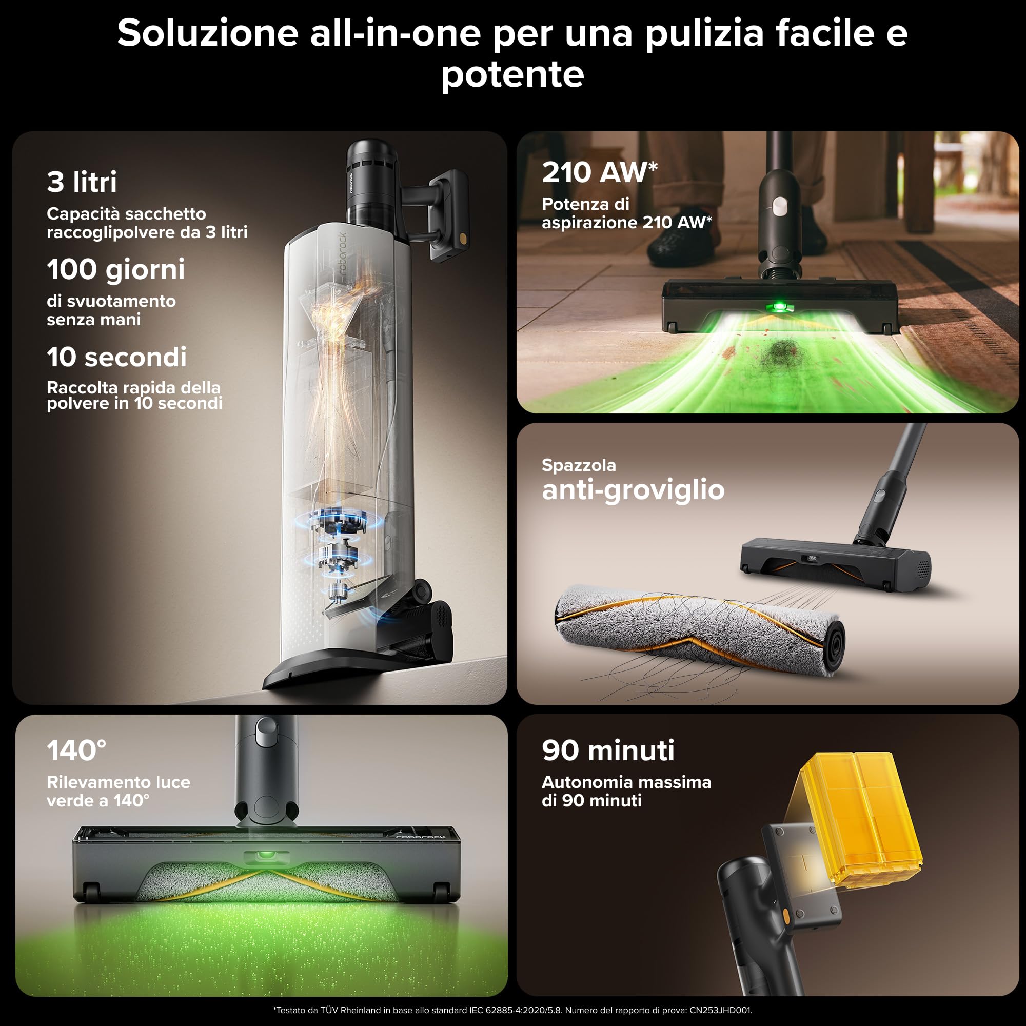 roborock H60 Hub Ultra Aspirapolvere Senza Fili con Base Auto-Svuotante, 210 AW Aspirazione Potente, 90 min, Luci LED 140°, Spazzola Anti-Groviglio Multisuperficie, per Peli di Animali, Tappeti
