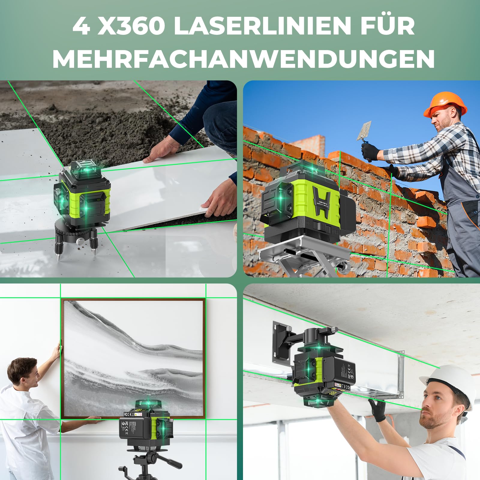 Kreuzlinienlaser Grün 16 Linien Nivellierlaser mit Stativ, 4 x 360 ° Laser wasserwaage, linienlaser kreuzlaser selbstnivellierend für Innenbereich Baustelle, 2 x Batterie Vermessungskabine