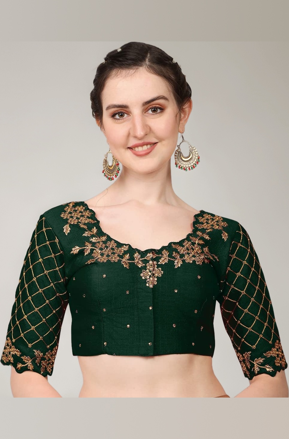 Pujia Mills women's embroidery handwork, rough cut work stone work readymade blouse