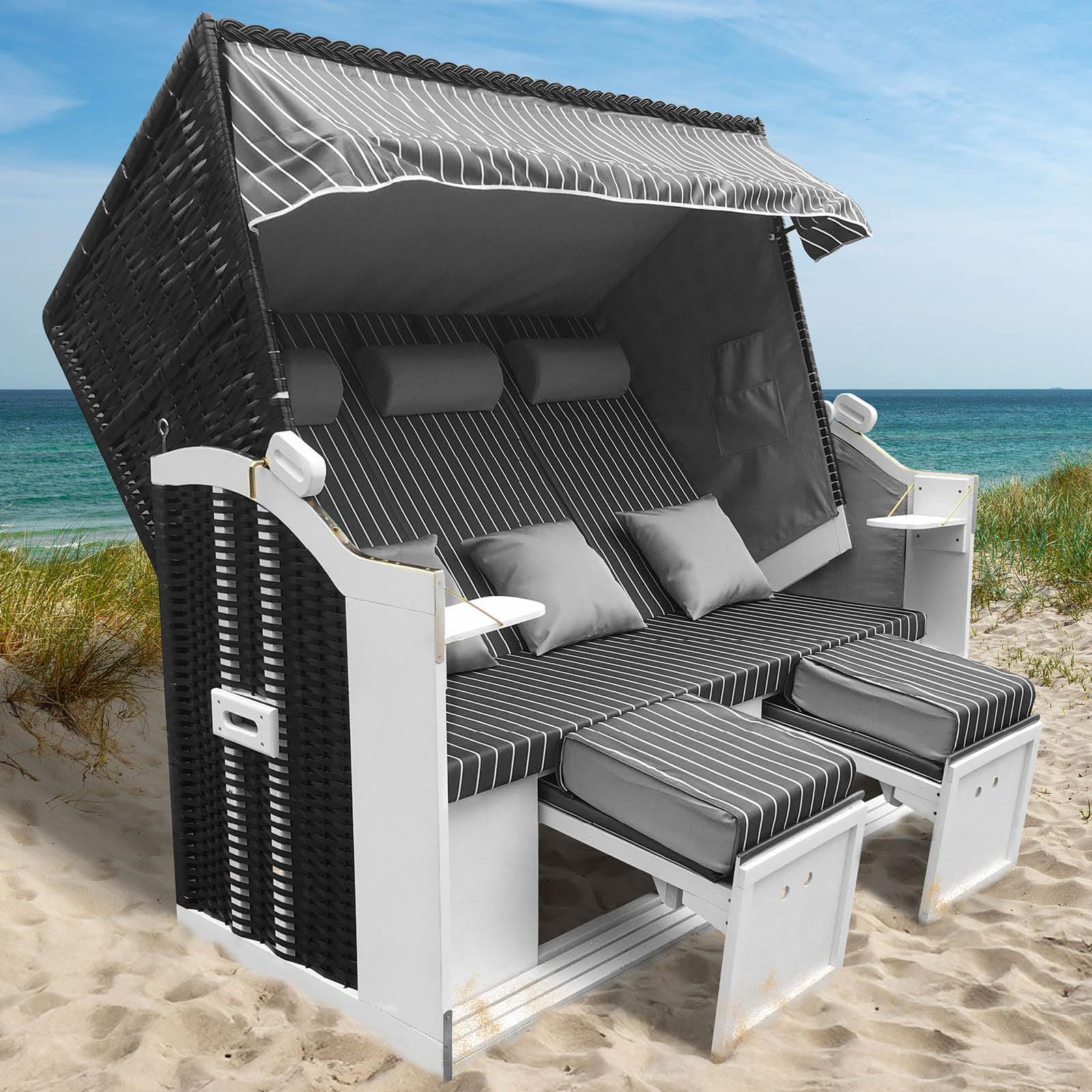 BRAST Corbeille de Plage mer Baltique 3 Places 165x160x79cm Osier en Poly rotin/Bois imperméable + Housse trés Confortable - Chaise Longue Strandkorb - Anthracite/Gris rayée