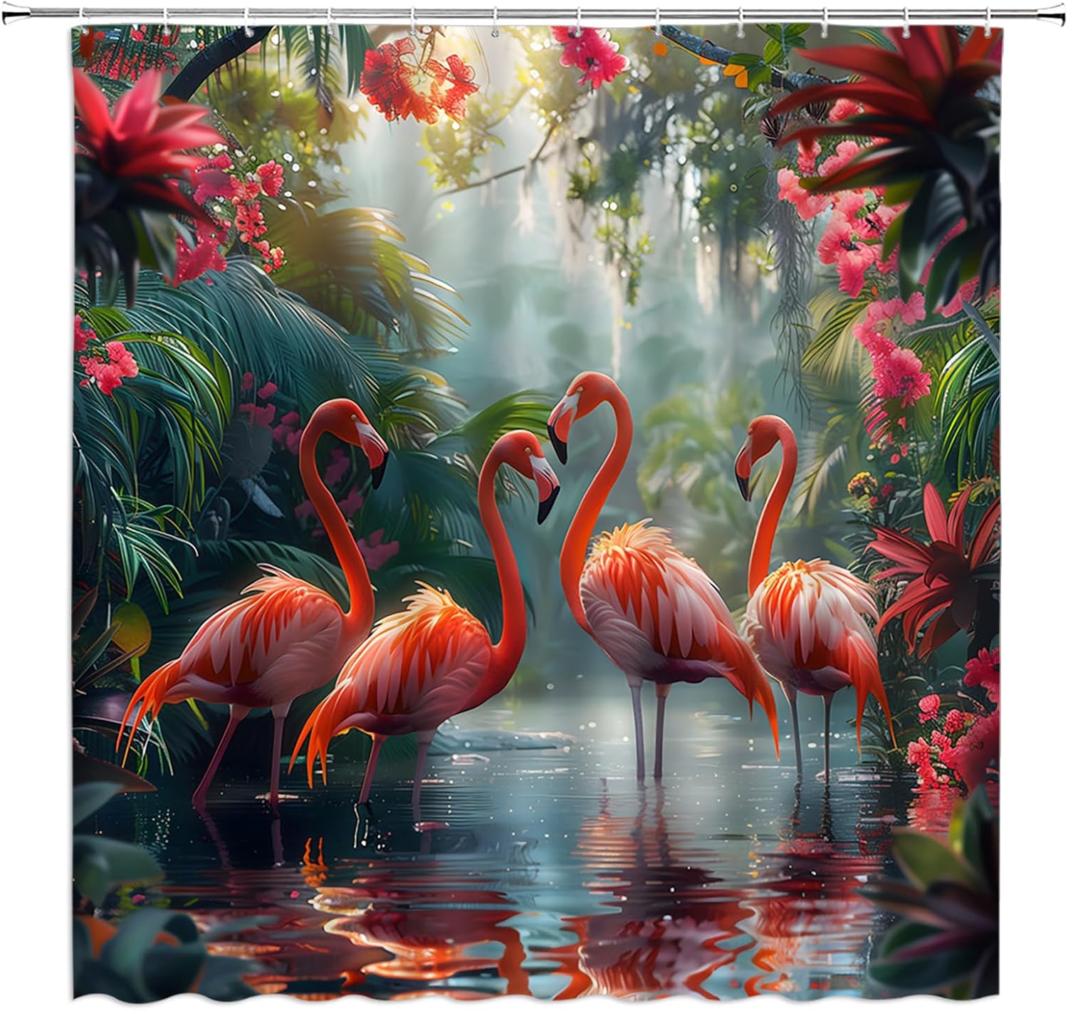 Flamingo Shower Curtain Tropical Rainforest Animals Green Plam Leaves Pink Flower Botanical Jungle Nature Scenery Polyester Fabric Bathroom Decor Set with Hooks(84" Wx70 H)