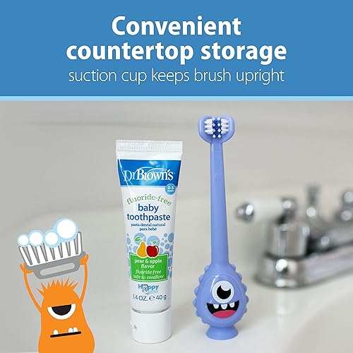 Miniatura 22 de Dr. Brown's ToothScrubber - Juego de cepillos de dientes para niños pequeños, monstruo con pasta de dientes sabor fresa Paquete de 2, juego