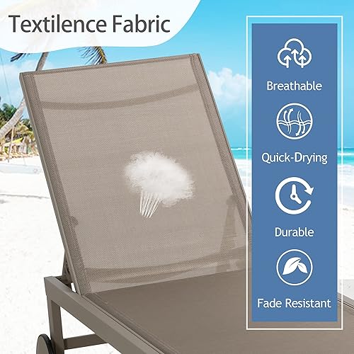 Vista 14 de QAQA - 2 tumbonas para exteriores con ruedas, silla de aluminio para patio con 5 posiciones ajustables para piscina, playa, patio, gris oscuro