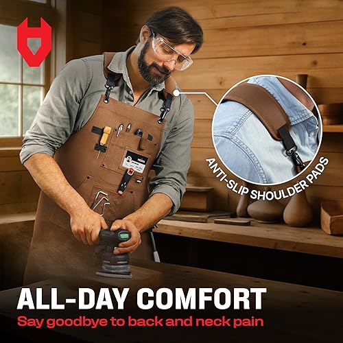 Miniatura 5 de NoCry Delantal de carpintería para hombre, bolsillos reforzados con remaches de metal, soporte magnético y bucles de herramientas de cuero, compra