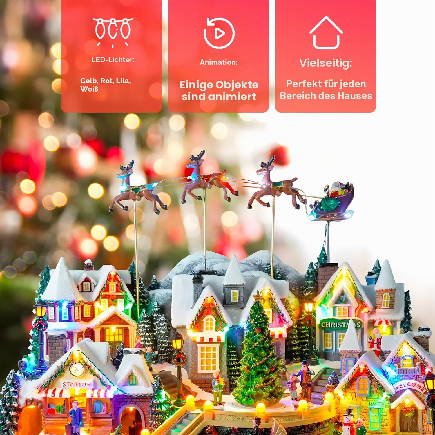 Avilia Weihnachtsdorf in Bewegung mit Musik und LED-Lichtern 37 x 55 x 33 cm - Hergestellt aus robusten Materialien und ist ideal für die Dekoration Ihres Hauses bei Weihnachtsfeiern