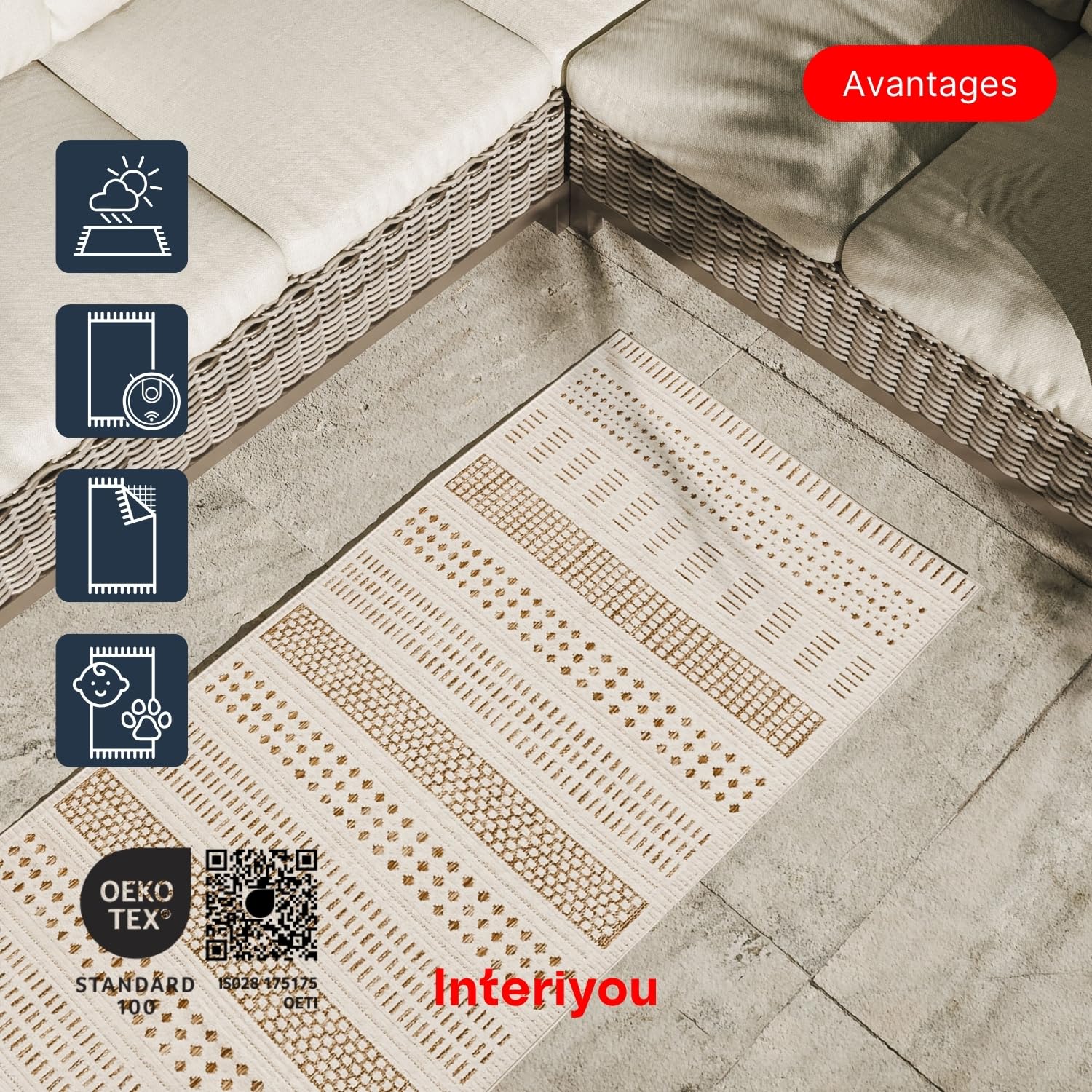 Interiyou Tapis d'extérieur Kano résistant aux intempéries - 80 x 300 cm - Crème/beige - Imperméable - Pour balcon, terrasse, jardin - Tapis d'extérieur - Convient également pour salon, chambre à
