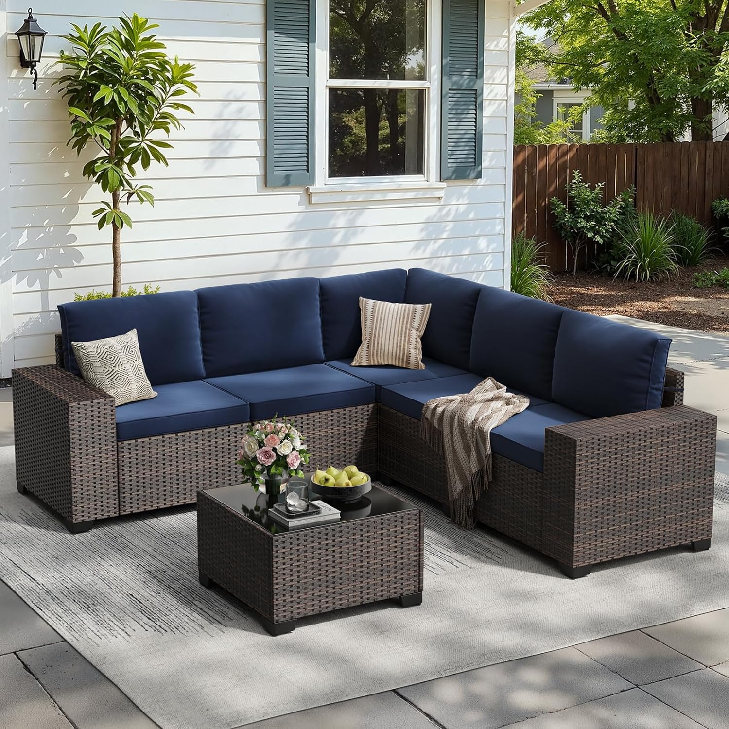 Soohow 6-Piece Patio Furniture Set All-Weather Outdoor Wicker Sectional Conversation Set with Cushion and Glass Table for Garden, Porch, Backyard, Navy Blue Cushions