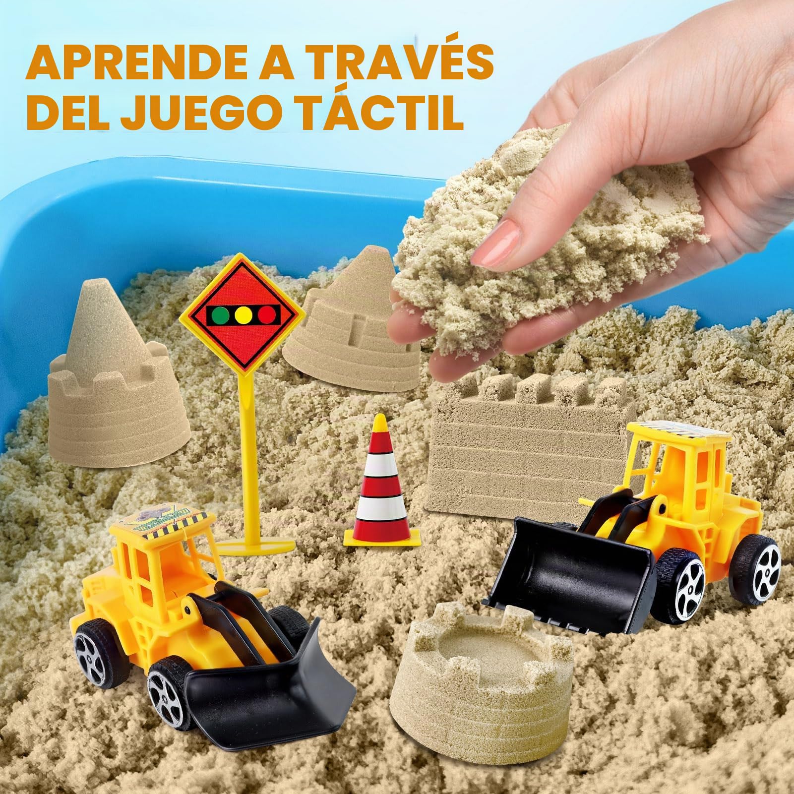 ESSENSON Arena Juguetes Mágica para Niños, Arena Juguete con 6 Vehículos de Construcción y 6 Moldes de Castillo, Regalo Cumpleaños para Niños de 3 a 8 Años
