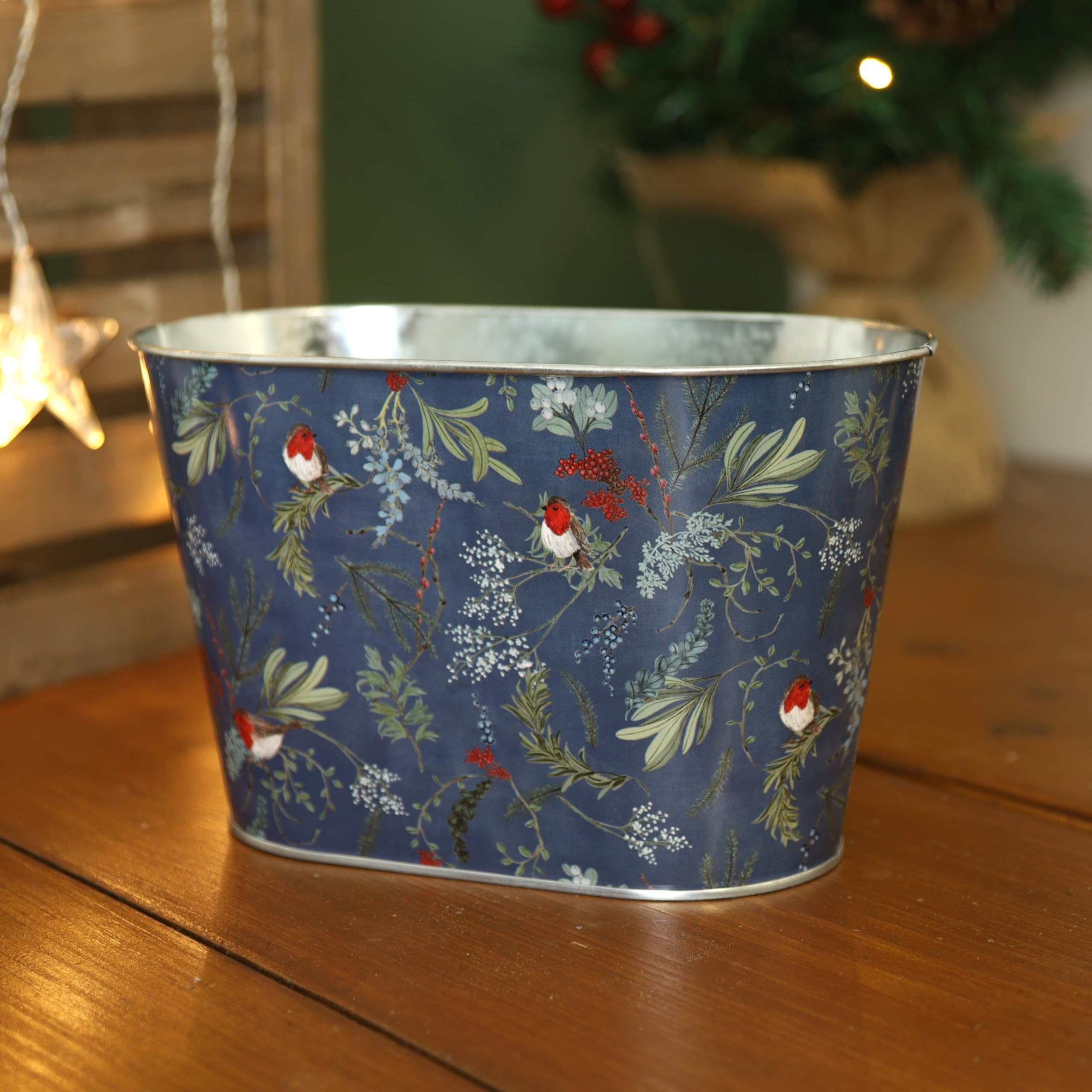 Fyne-Finds Blue 1 Piece Tin Pail Trough Robin Floral Design Tub 14Cm,5.5Inch Christmas Metal Planter Xmas Home Gift (Blue 1 Piece)