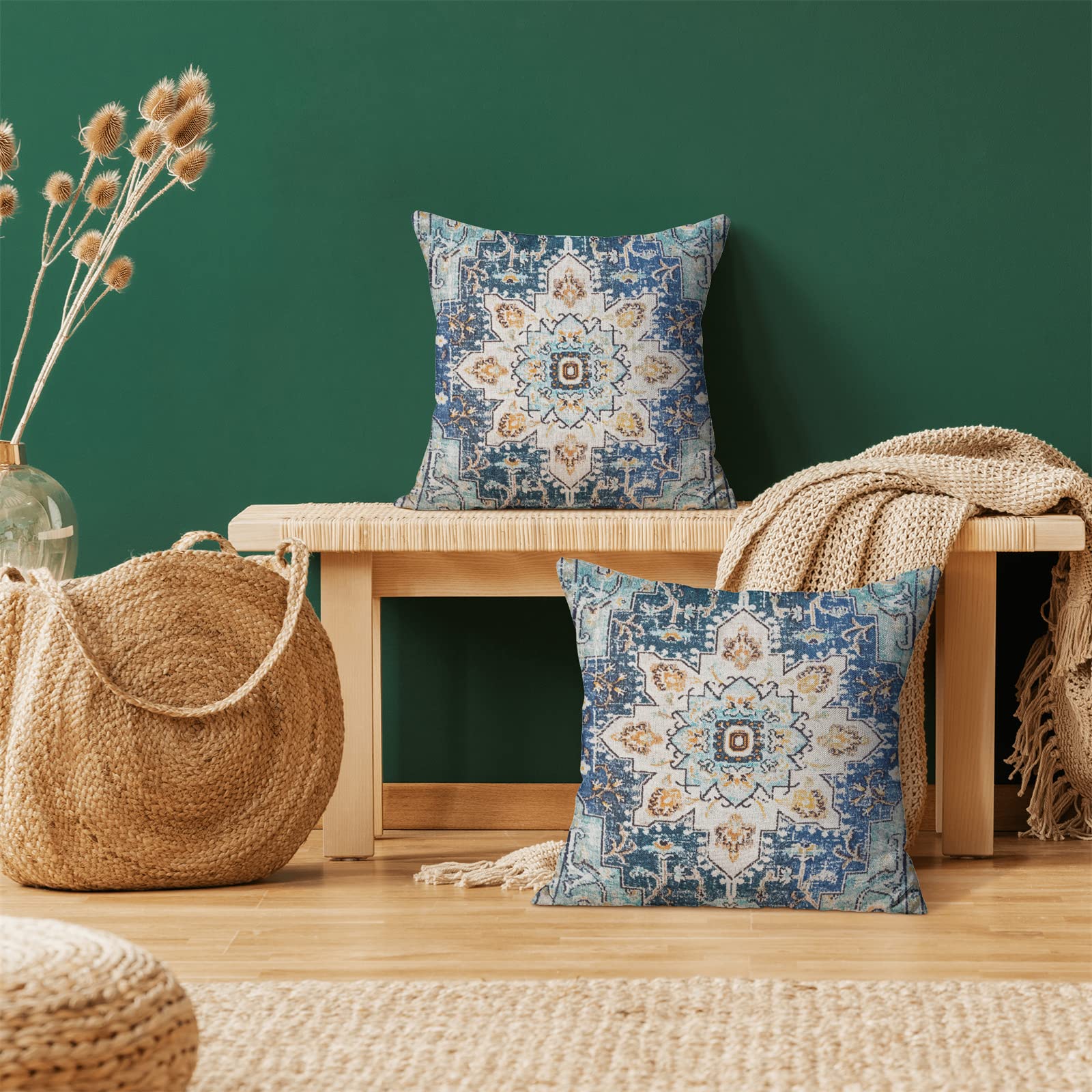 AEIOAE Boho Pillow Covers 18x18 Inch Set of 2,Carpet Pattern Throw Pillows Case,Blue Yellow Ethnic Design Outdoor Decorative Square Linen Farmhouse Decor Cushion Covers for Home Sofa Bed Couch - Image 2