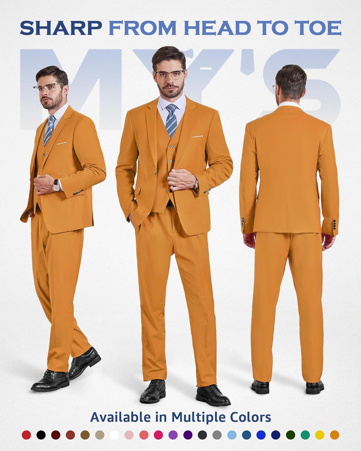 MY'S Men's 3 Piece Slim Fit Suit Set, One Button Solid Jacket Vest Pants... - Picture 32 of 138