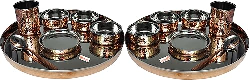 Miniatura 2 de PARIJAT HANDICRAFT Juego de vajilla india de 28 piezas de acero inoxidable cobre tradicional juego de vajilla de Thali, cuencos, vaso y cuchara,