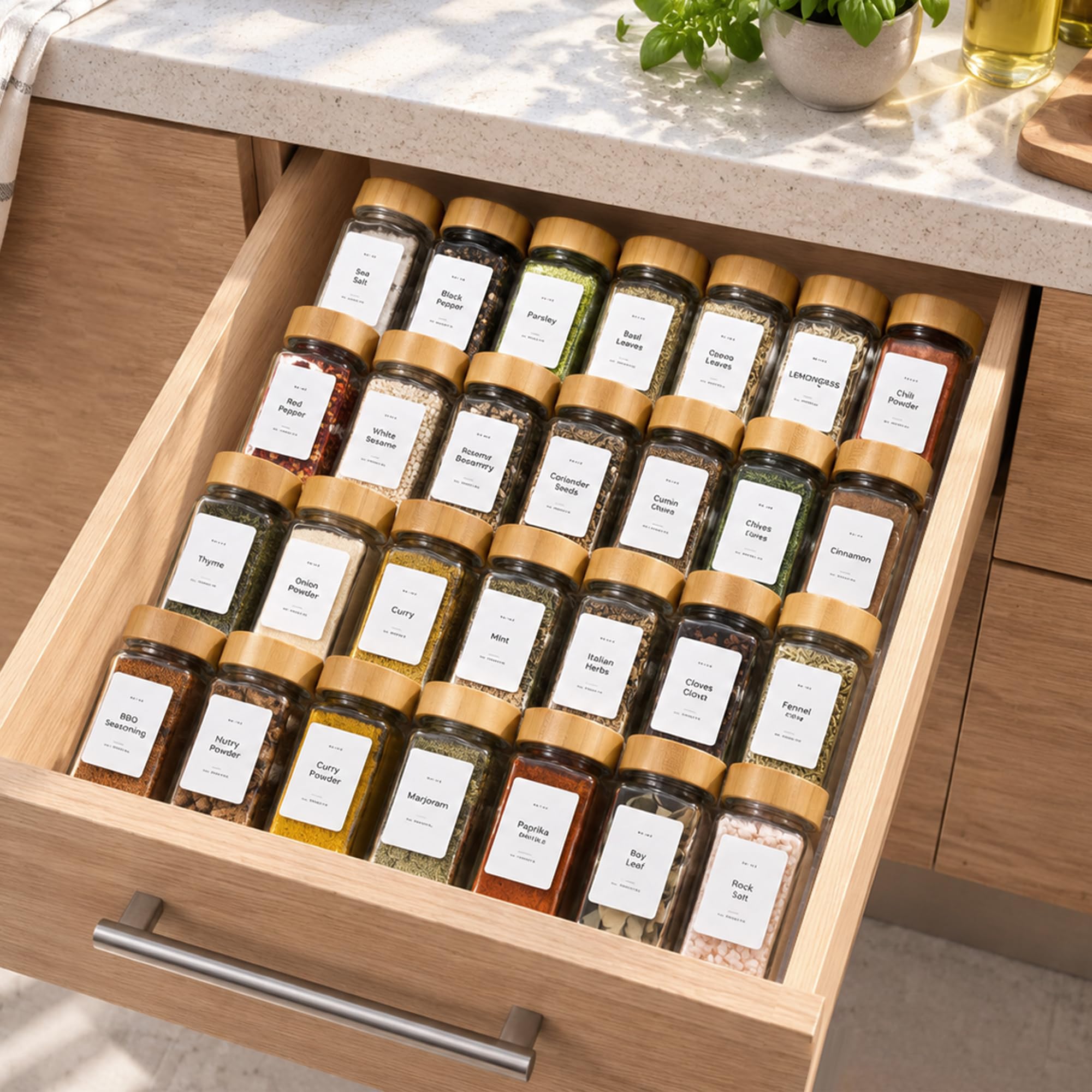 Acryl-Gewürz-Schubladen-Organizer mit 28 Gewürzgläsern und 216 Etiketten, rutschfestes Gummi, 4-stöckiges Gewürzregal, Gewürzbehälter für Küchenschubladen, Schränke, Arbeitsplatten, 33 cm