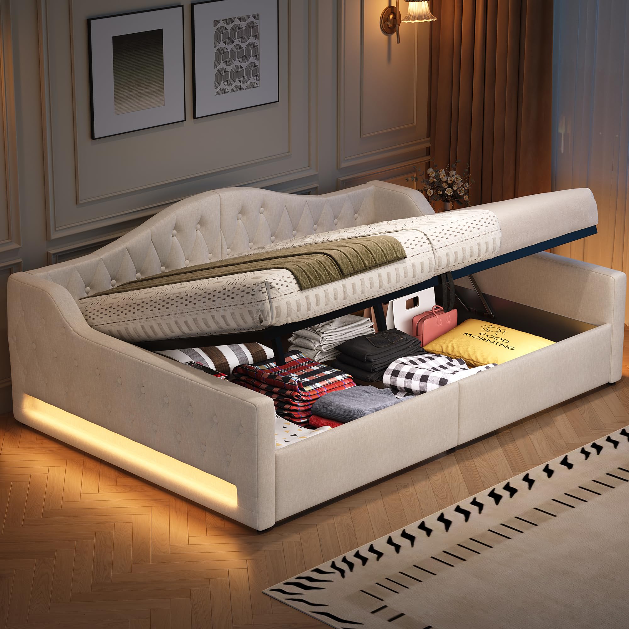 Divano Letto Imbottito 140x200cm, Letto Matrimoniale con illuminazione a LED e Contenitore Idraulico, Rete a doghe, Sofa Bed Beige(Senza materasso)