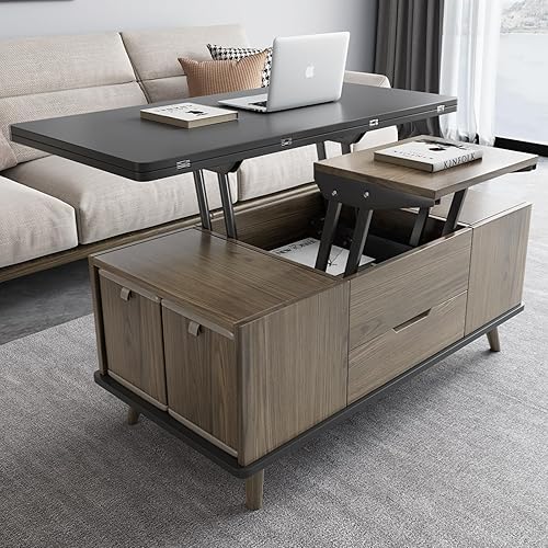 Guyii 38.97" Lift-Top Coffee Table with 4 Stools, 3-in-1 Multi-Functional Center Table, Expandable Dining Table for Living Room, Lift Tabletop Coffee Table with Hidden Storage Compartment, Grey
