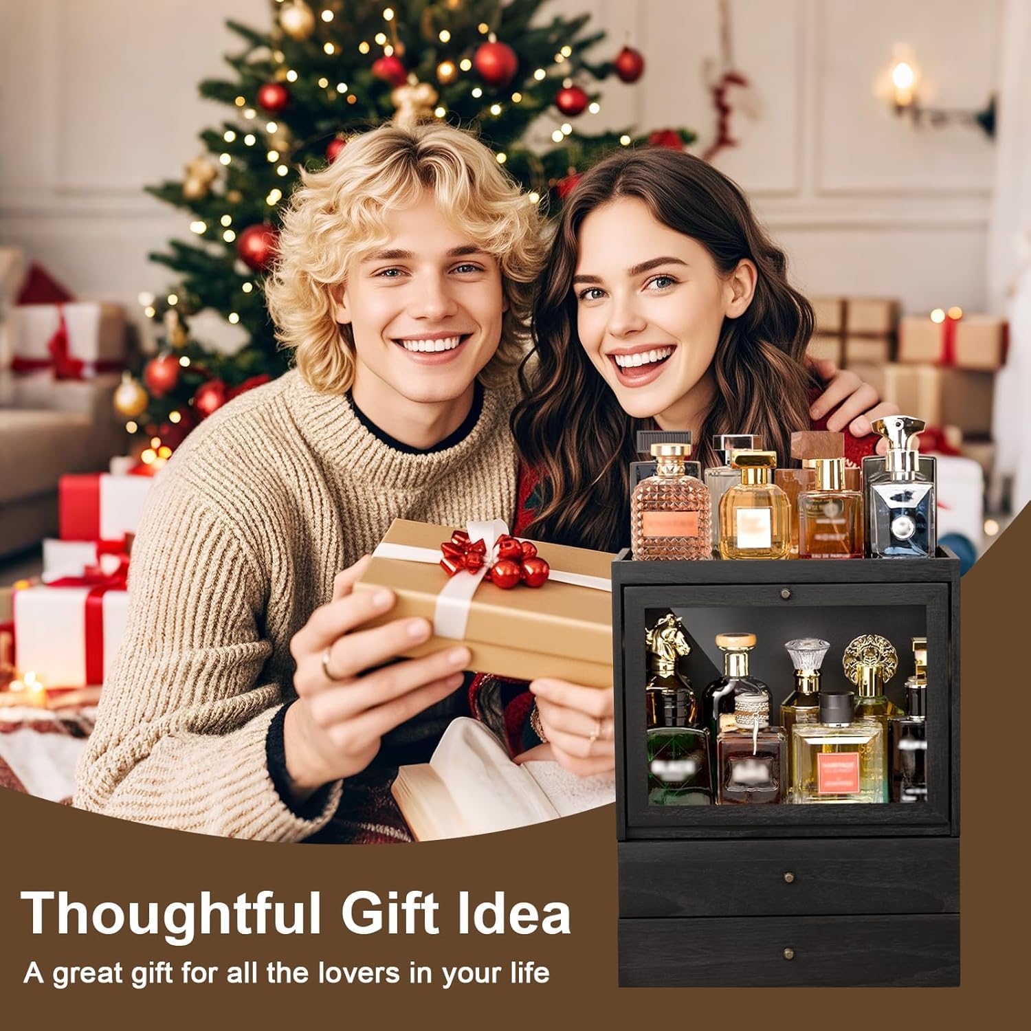 HoldOneLight Organizador de perfume, soporte vertical de madera para perfume, 4 niveles, gran capacidad, a prueba de polvo, con doble cajón, regalo para seres queridos
