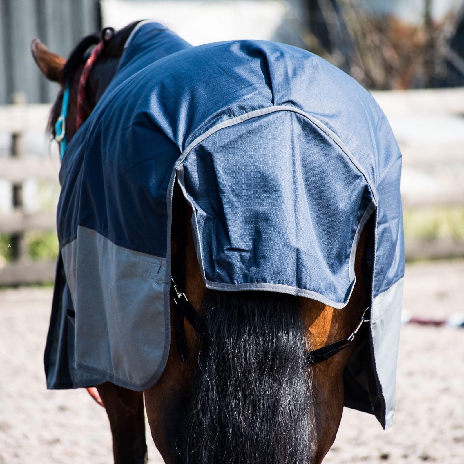Equitack 600D Regendecke Pferd, 145cm | Highneck Pferdedecke mit Fleece Lining | wasserdichte Outdoordecke Pferd | Navy/Grau