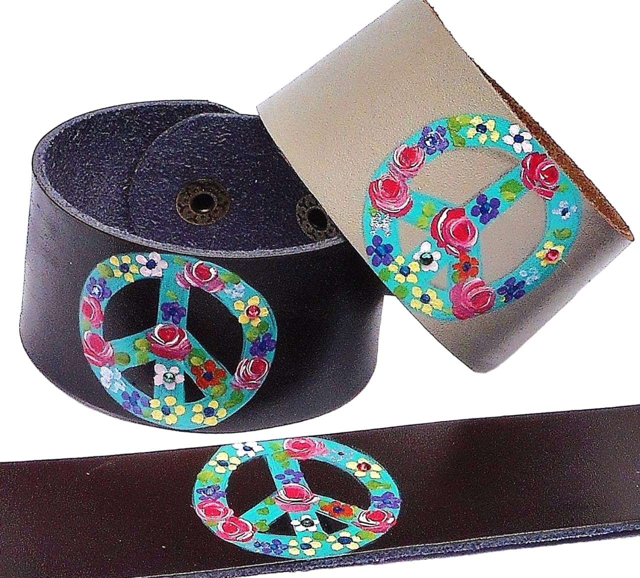 Handmade Adjustable Leather Cuff Bracelet in Your Color Choice with Artist Hand Painted Turquoise Peace Sign and Flowers Boho Jewelry for Women Teen Girls