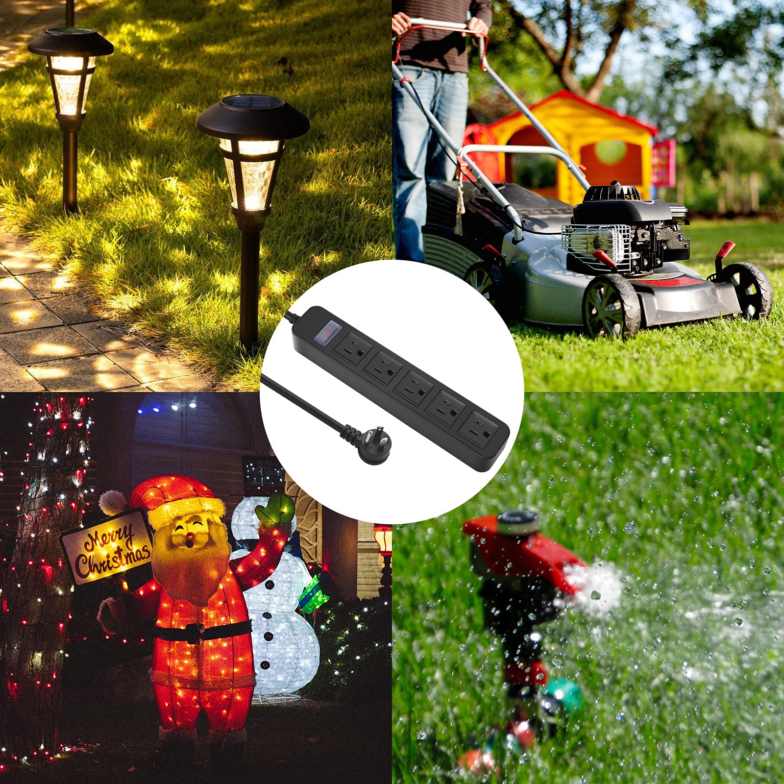 Regleta de alimentación para exteriores impermeable con 5 tomas, protector de sobretensiones resistente a la intemperie para jardín, enchufe exterior de múltiples salidas de Navidad para aparatos de