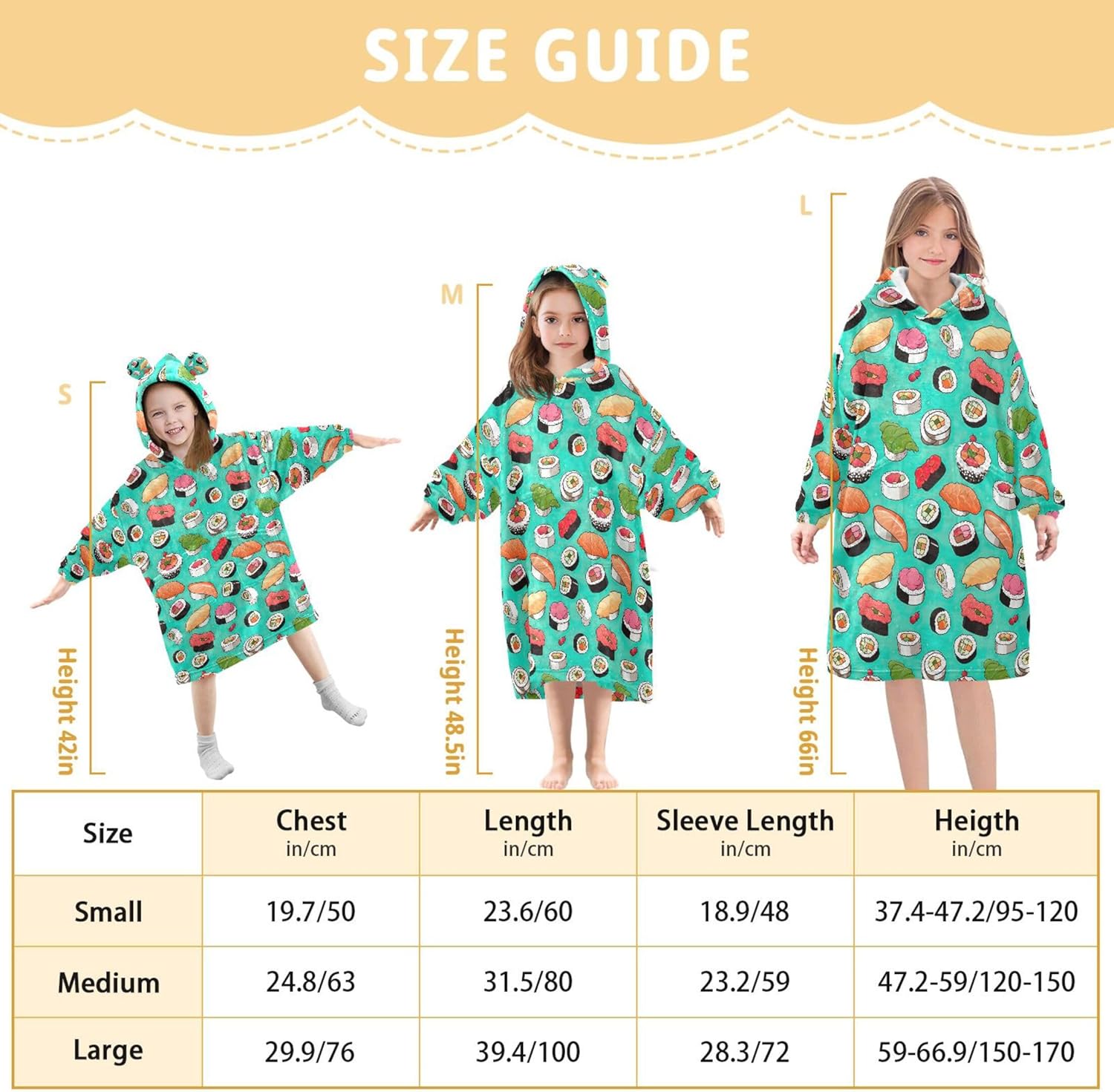 Sushi Food Kids Wearable Blanket Hoodie with Pocket and Sleeves for Toddlers, Cute Hoodies Girls Boys B0403770