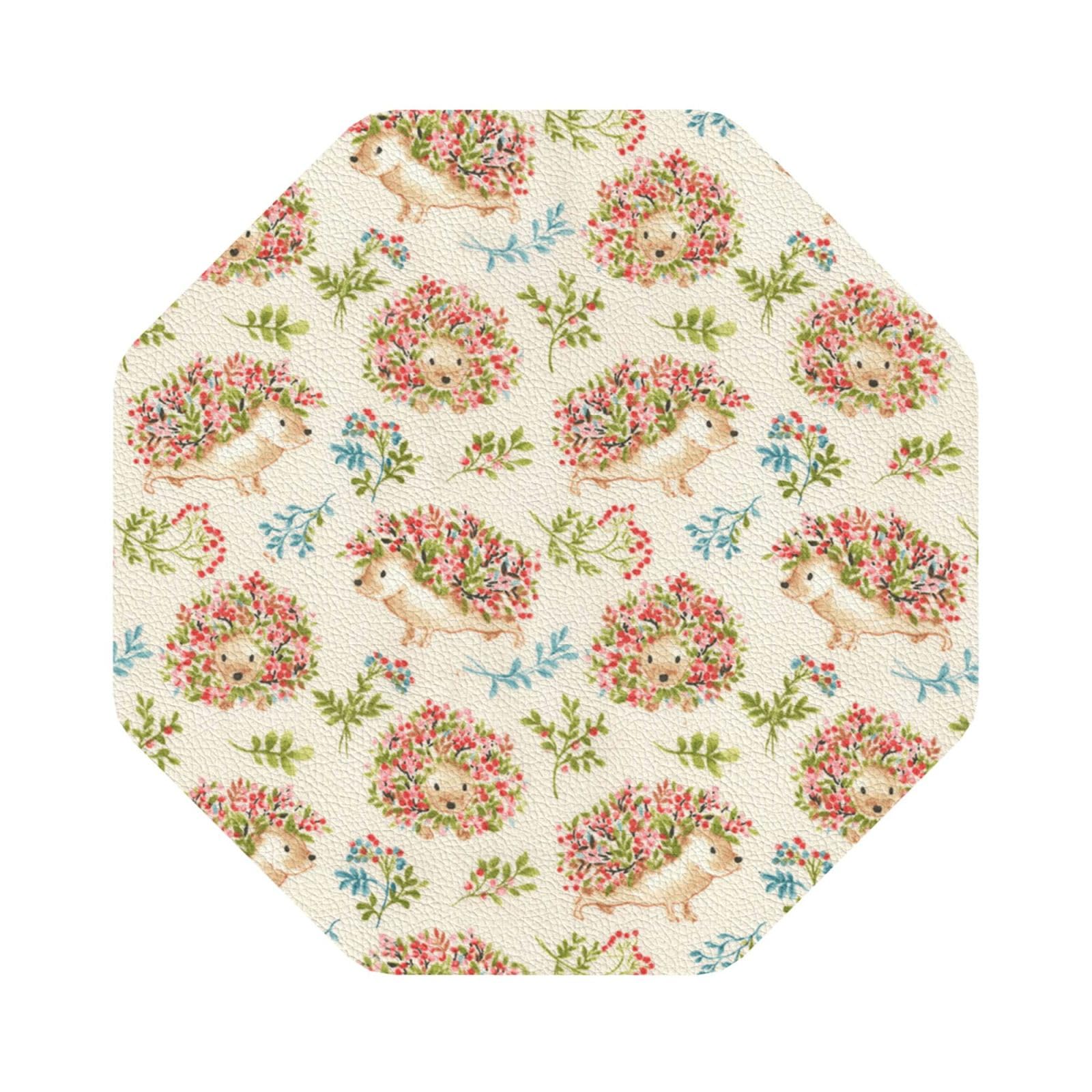 Floral Hedgehogs PU Leather Coasters Set of 6 Octagon Drink Coasters