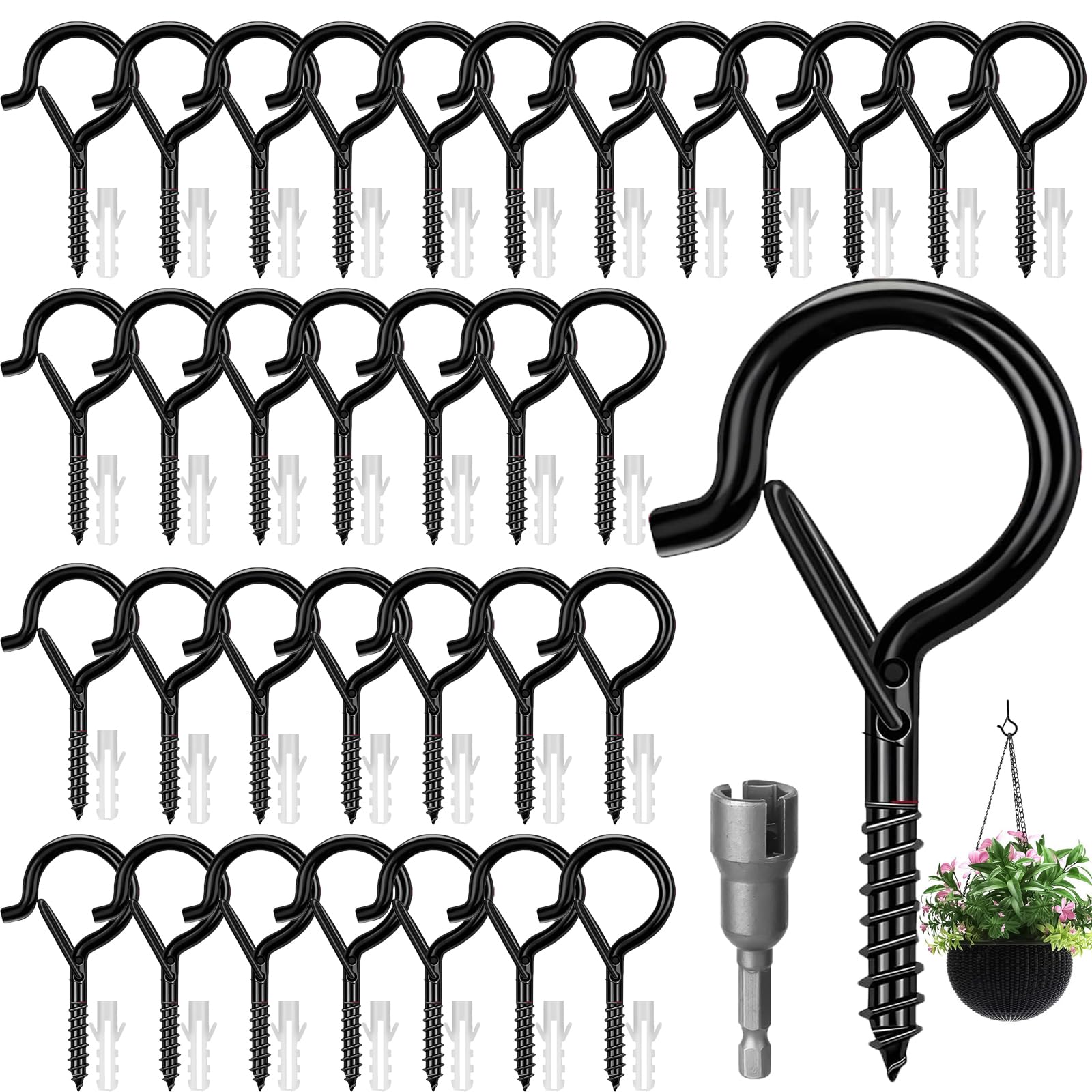 Feluxor 36 Piece Screw Hooks for Garden Lights, Ceiling Hooks with Safety Latch, Stainless Steel Screw Hooks in Black with Safety Fastener for Plant Baskets, Birdhouses, Wind Chimes, and String Lights