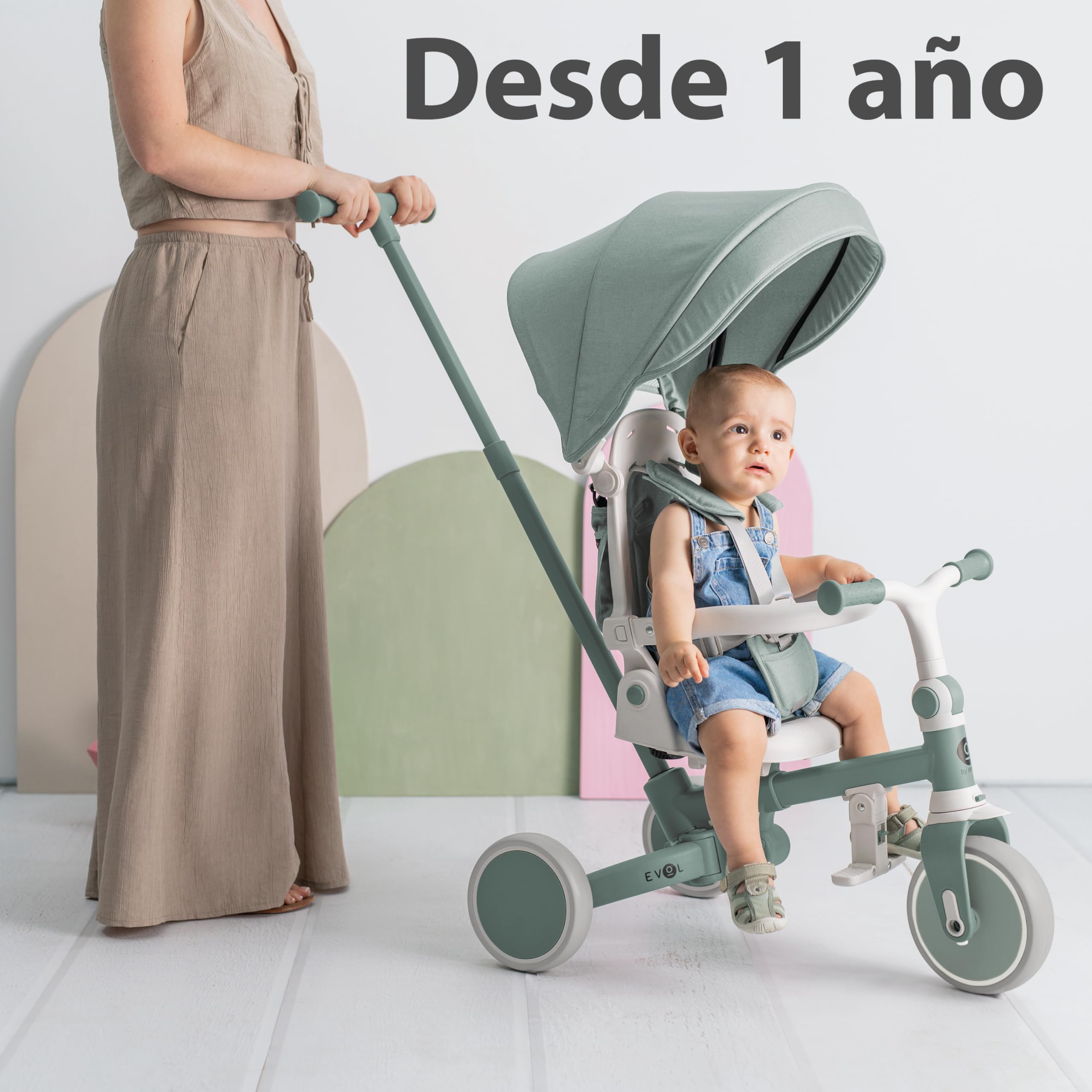Olmitos - Triciclo Evolutivo de Bebé 5 en 1 EVOL - Bicicleta Niños de 1 año hasta 25 Kg - De Triciclo a Bicicleta con o sin Pedales – Respaldo, Barra Seguridad y Capota (Menta) — view 3