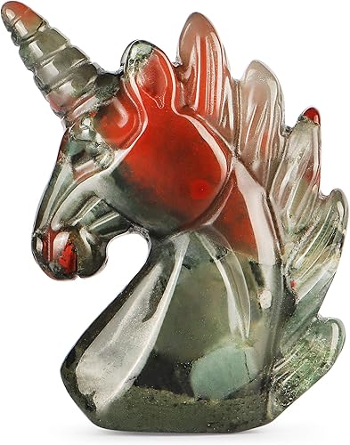 Artistone Figuras de unicornio de cristal de jaspe de sangre africana de 2 pulgadas, decoración del hogar, piedras preciosas talladas, estatuas de