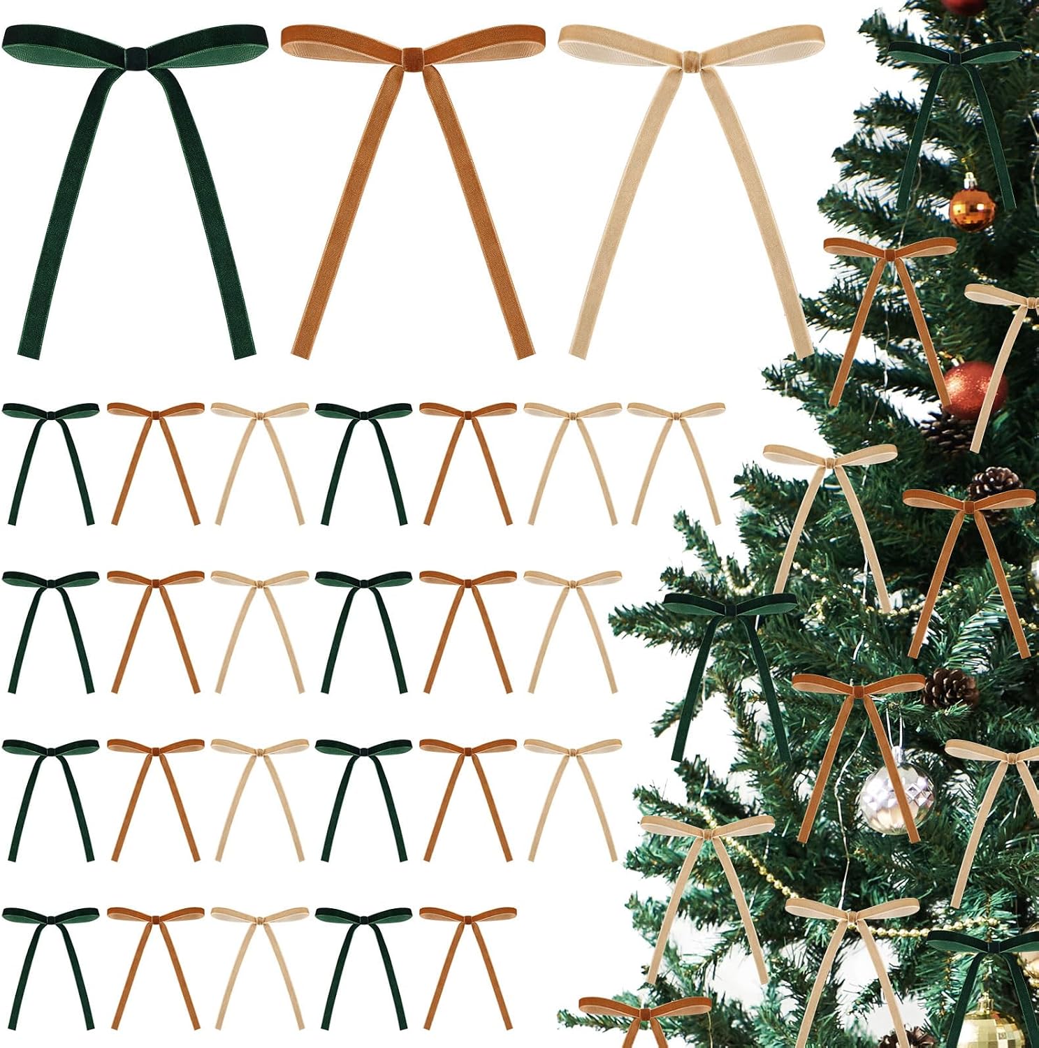 36 Pcs Christmas Velvet Bows Vintage Rustic Xmas Tree Velvet Ribbon for Stairs Wreath Fireplace Garland Home Decor Winter Party Indoor Outdoor(Khaki,Brown,Dark Green,5x7inch)