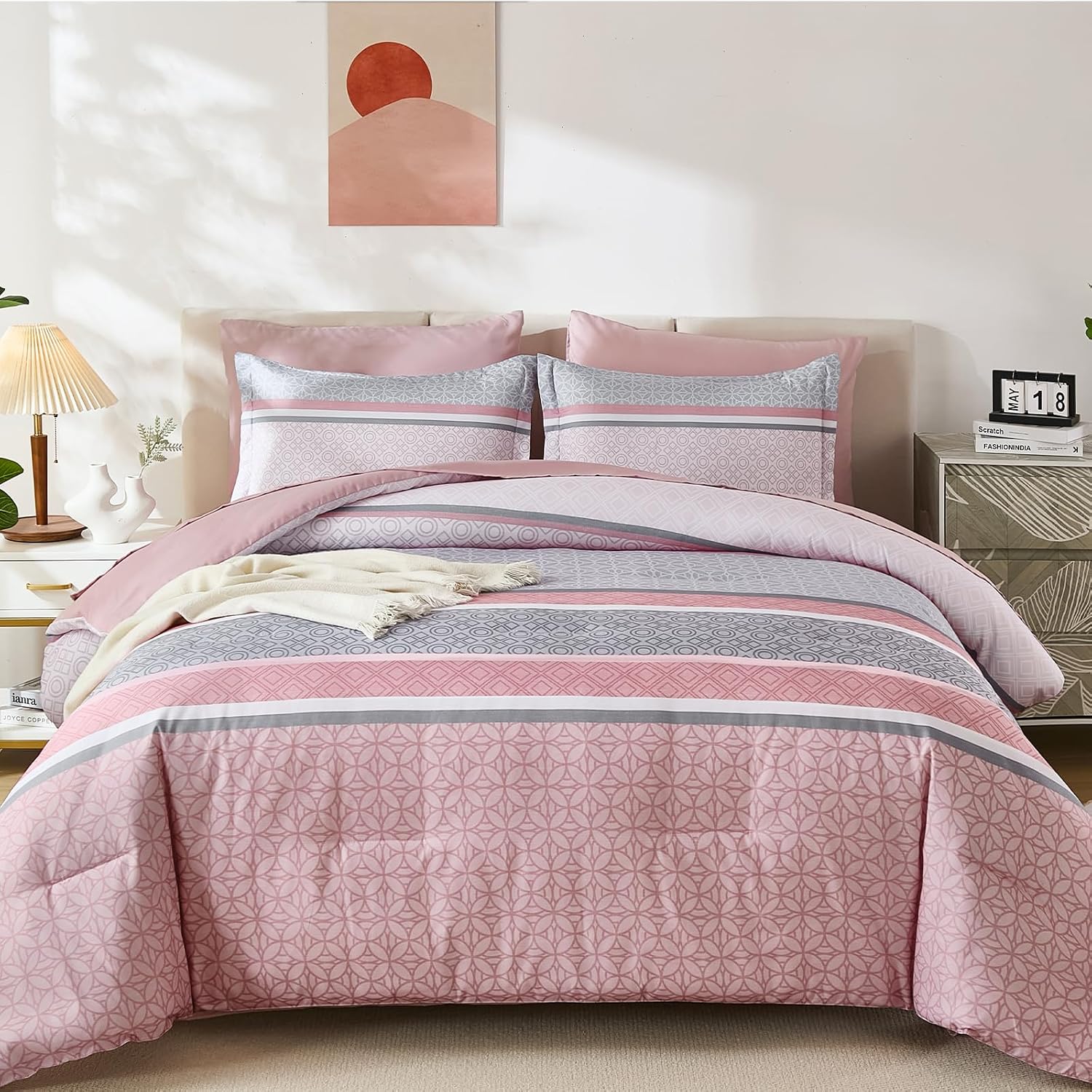 WONGS BEDDING Pink Queen Comforter Set 7 Pieces, Boho Striped Bed in a Bag Queen Size Bedding Set, Soft Lightweight Micorfiber Comforter for All Seaon with Sheets, Pillowcases & Shams
