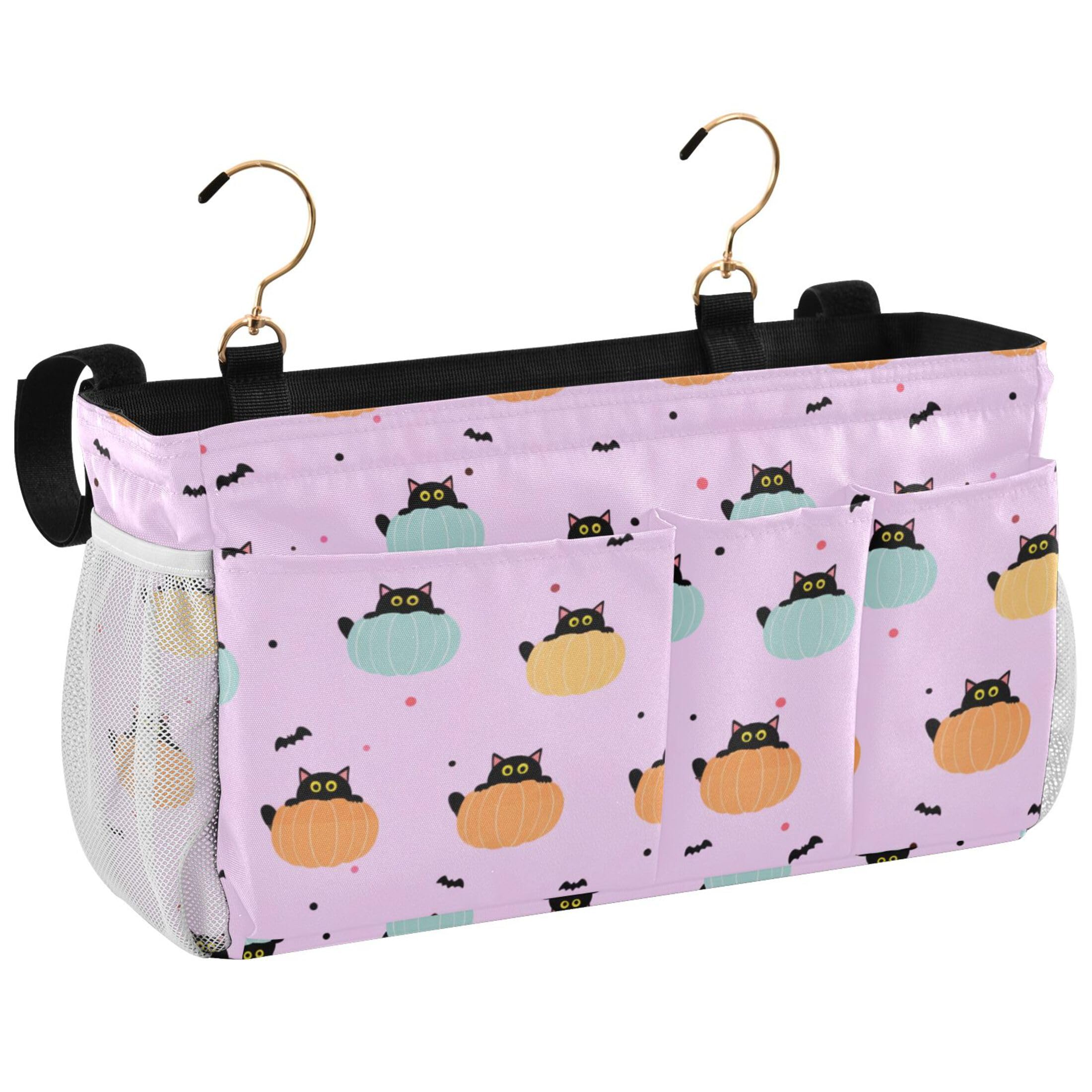 Burbuja Black Cats Peeking From Pumpkins Bedside Caddy Hanging Storage Organizer with 2 Straps and Hooks for Home College Dorm Bunk Bed Hospital Bed Crib