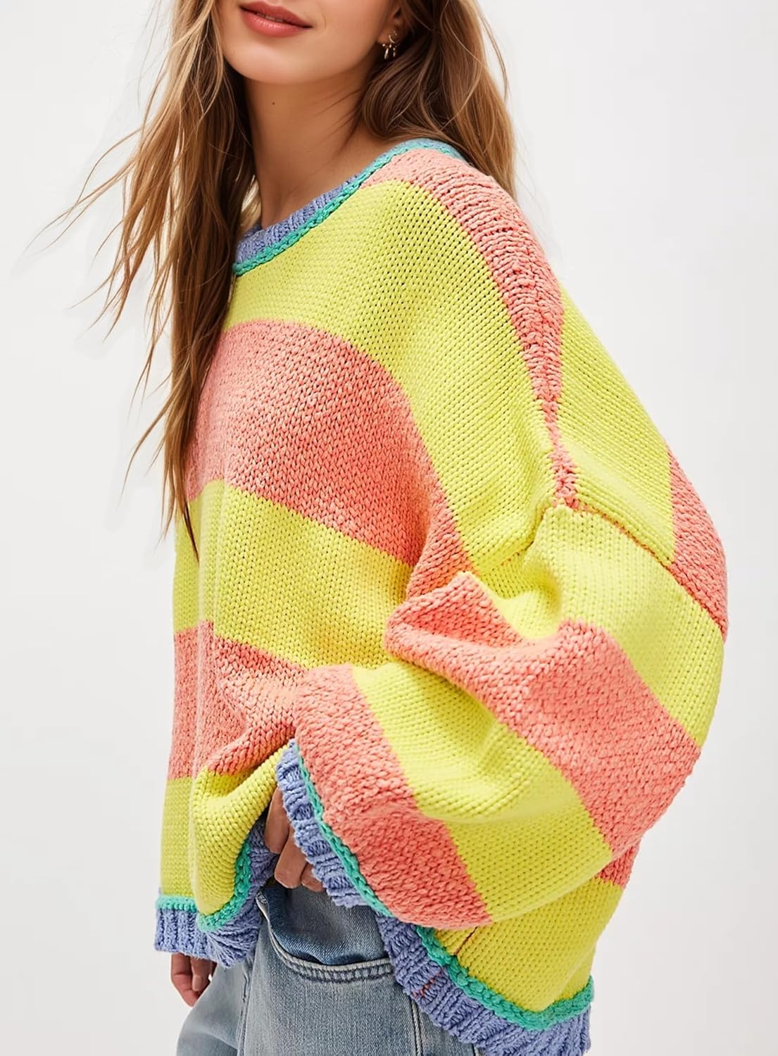 Women's Chunky Knit Striped Sweaters Casual Long Sleeve Crew Neck Oversized Pullover Sweater Winter Fall Spring Tops - Image 6