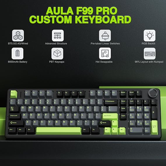 AULA F99 Pro Wireless Gaming Keyboard,Tri-mode Mechanical Keyboard Wireless with Control Knob,Side Engraved,RGB Backlight,Pre-lubed Linear Switches,Hot Swappable Custom Keyboards (Black&green)