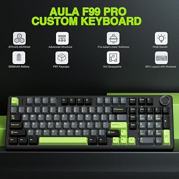 AULA F99 Pro Wireless Gaming Keyboard,Tri-mode Mechanical Keyboard Wireless with Control Knob,Side Engraved,RGB Backlight,Pre-lubed Linear Switches,Hot Swappable Custom Keyboards (Black&green)