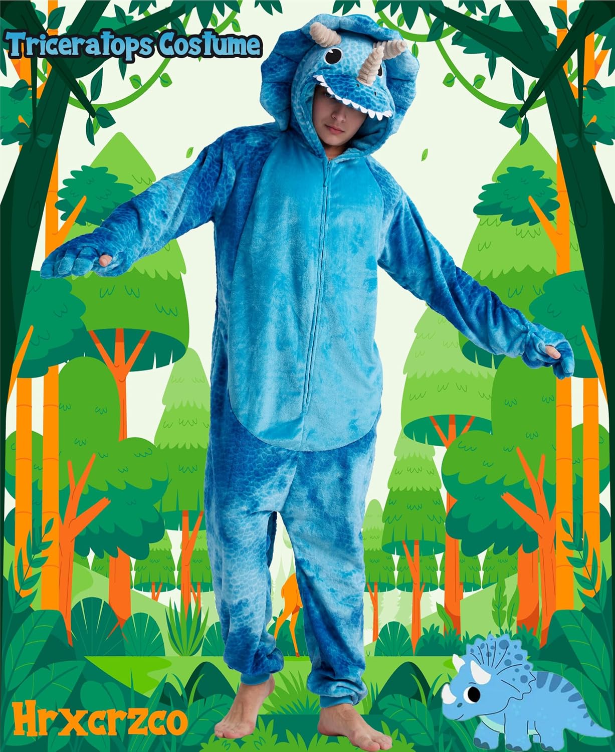 Adult Triceratops Pajamas Unisex Tie-dye Triceratops Onesie Cartoon Halloween Cosplay Hooded Zipper Costume Jumpsuit - Image 4