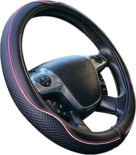 S SUMEX Funda Volante Coche Universal Modelo Centauro Color Negro y Rosa Poli Piel 37-39 cm Antideslizante Transpirable Efecto Carbono