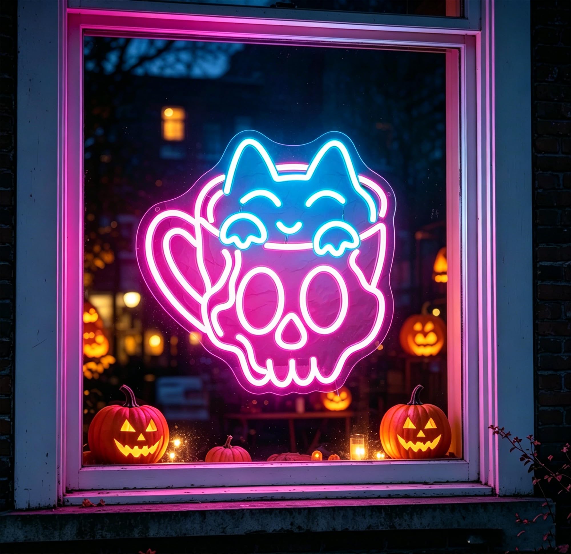 Cat in Skull Cup Neon Sign, 14.4" x 12" Dimmable LED Neon Light, Ice Blue Pink Spooky Cute Wall Decor, USB Powered Halloween Window Art for Indoor Home Party Bedroom