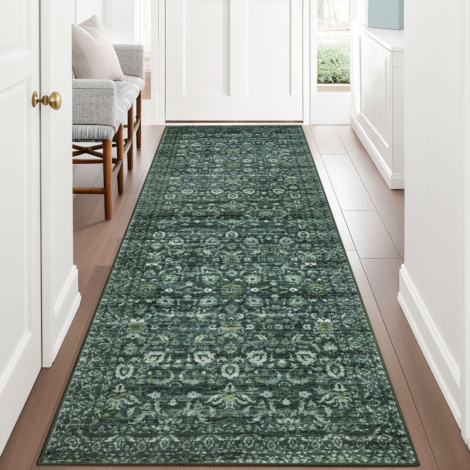 Lansny Vintage Runner Rug 3x8, Dark Green Washable Kitchen Runner Non-Slip Soft Hallway Rug Runner Thin Print Faux Wool Carpet for Entryway Bedroom