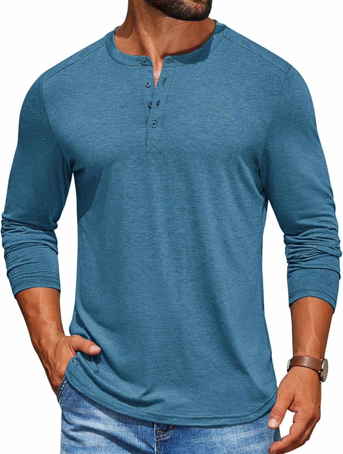 COOFANDY Men's Henley Shirts Long Sleeve Slim Fit Casual Pullover Tees Basic Henley T-Shirt for Work Lounge Wear Blue