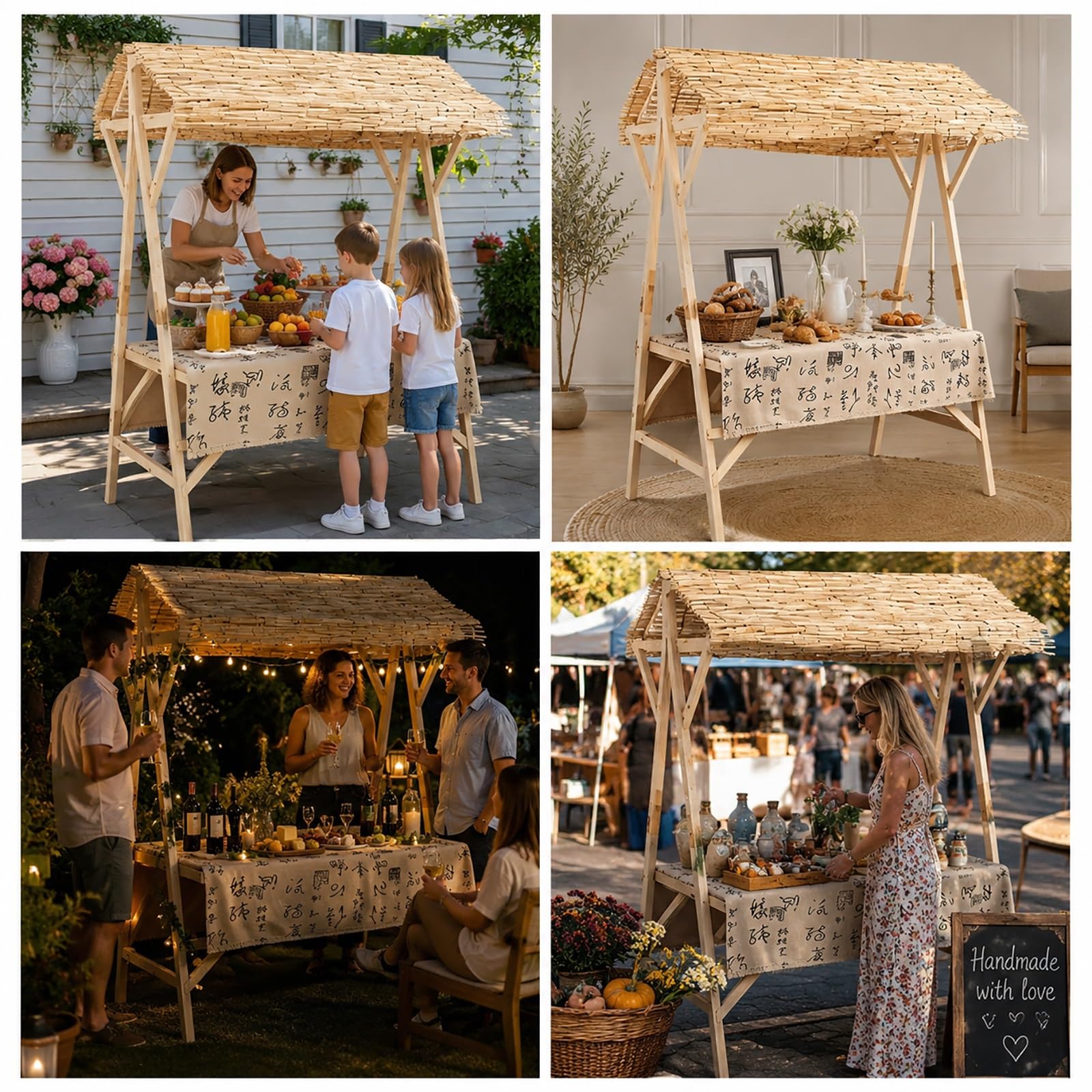 Puesto de Venta con Toldo, Stand de Venta Plegable de Madera – Puesto para Ferias y Mercadillos, Puesto Ambulante con Expositor para Mercado Agrícola(120x60x200cm/47x24x79in)
