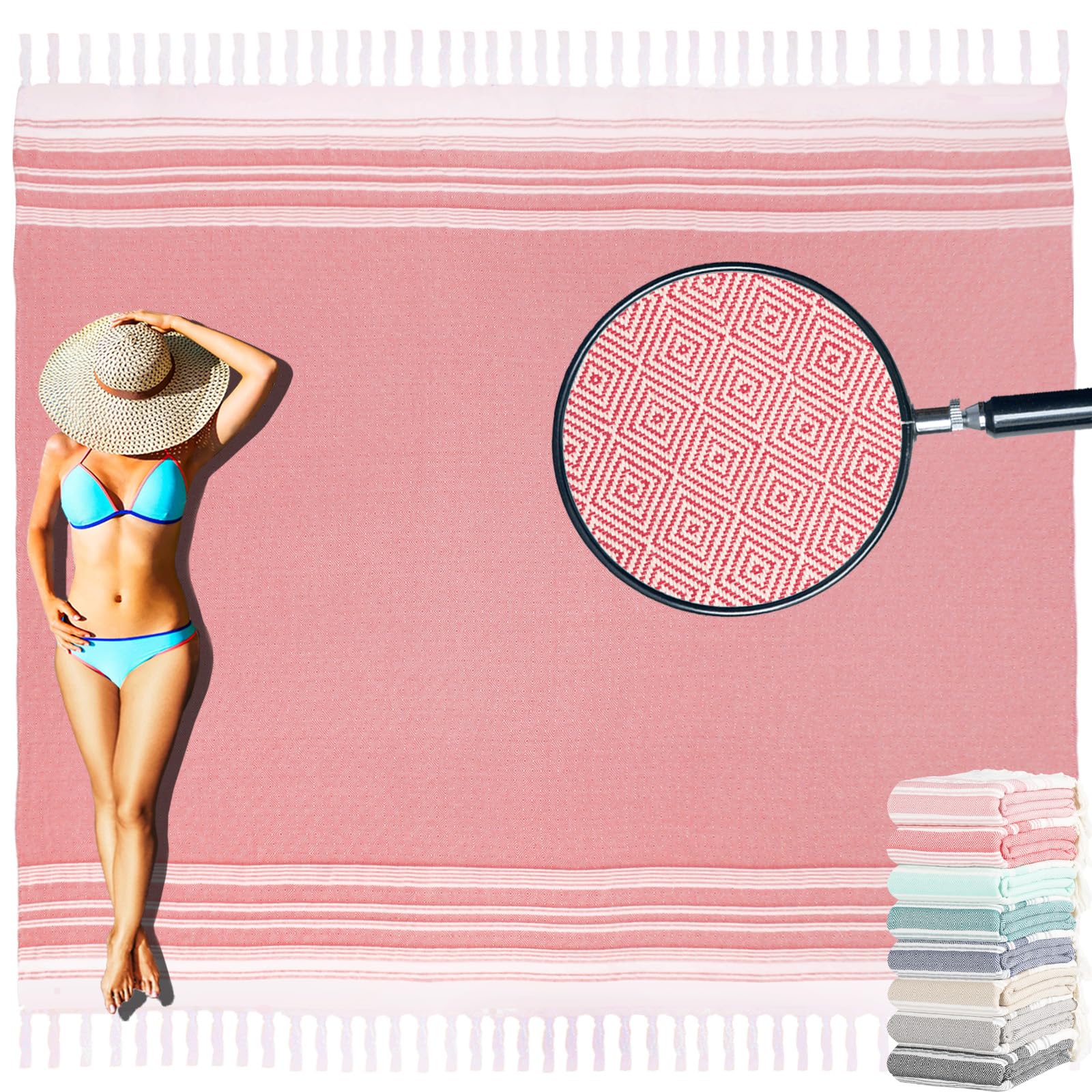 Yongoes Turkish Beach Towel Blanket Oversized 82x88 Coral Boho