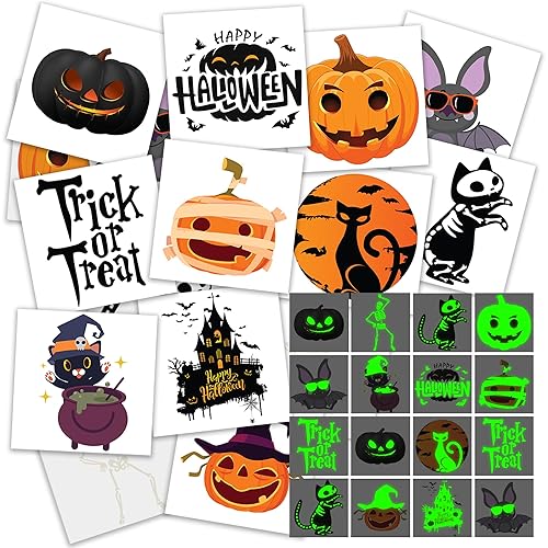 ArtCreativity Tatuajes temporales de Halloween que brillan en la oscuridad, juego de 144, tatuajes temporales para niños en 12 diseños