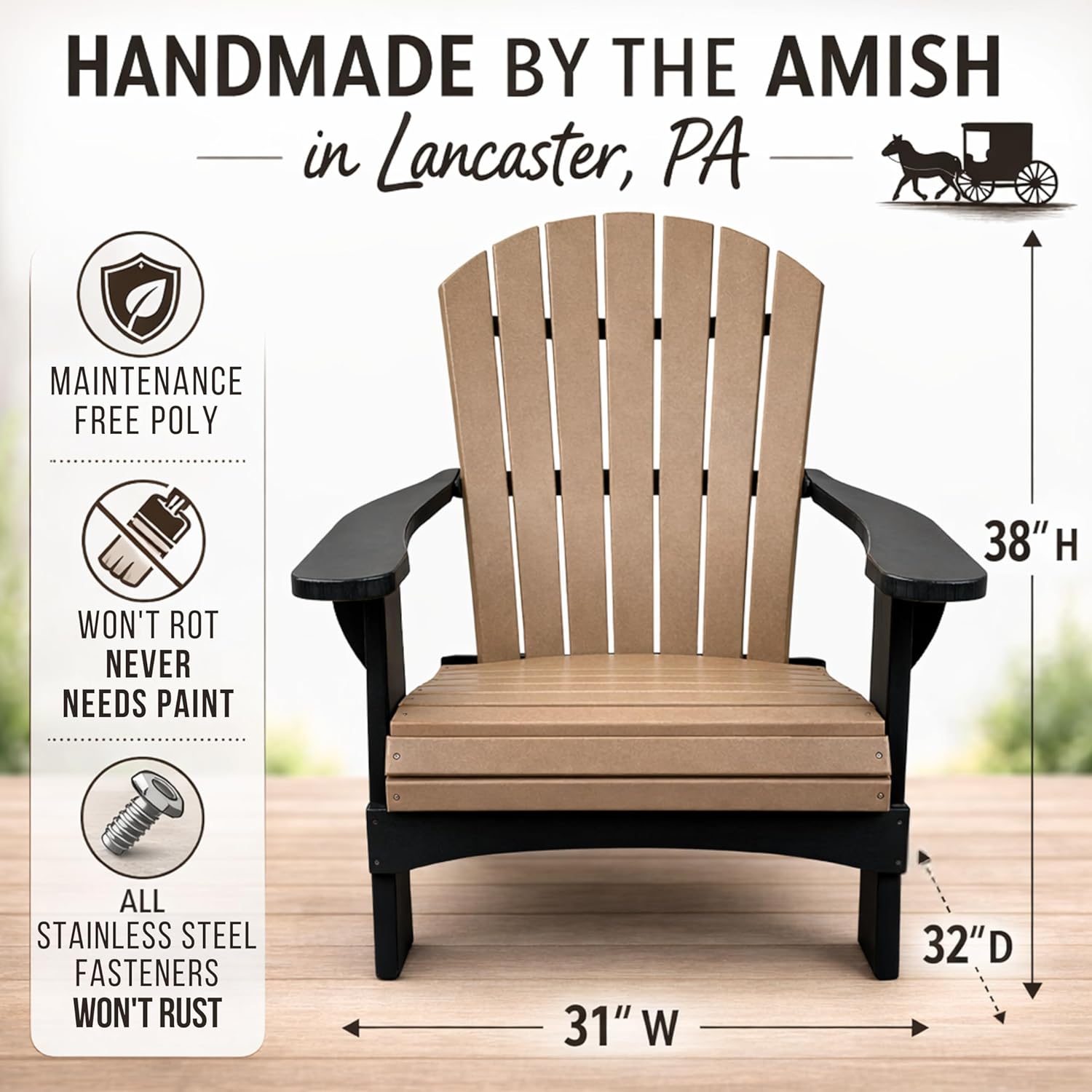 Peaceful Classics Amish Handmade Poly Adirondack Chair – Maintenance-Free Outdoor Patio Chair – Weatherproof Poly Lumber – Stainless Steel Hardware – Made in Lancaster County, Pennsylvania