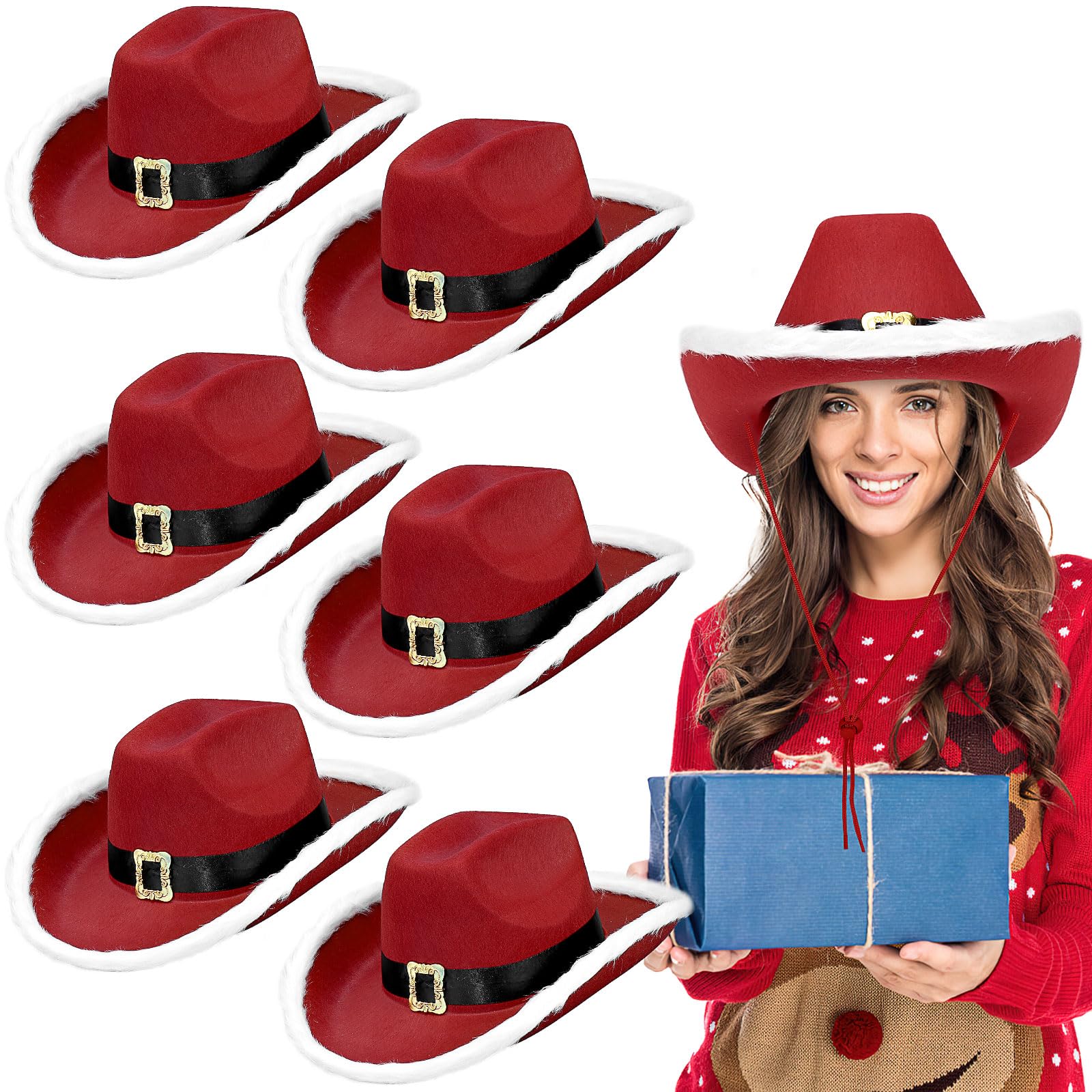 ASMIZ 6 Pack Christmas Santa Cowboy Hat Bulk, Red Cowgirl Hats with Feather for Men and Women, Cowboy Party Hats for Adult Halloween Costume